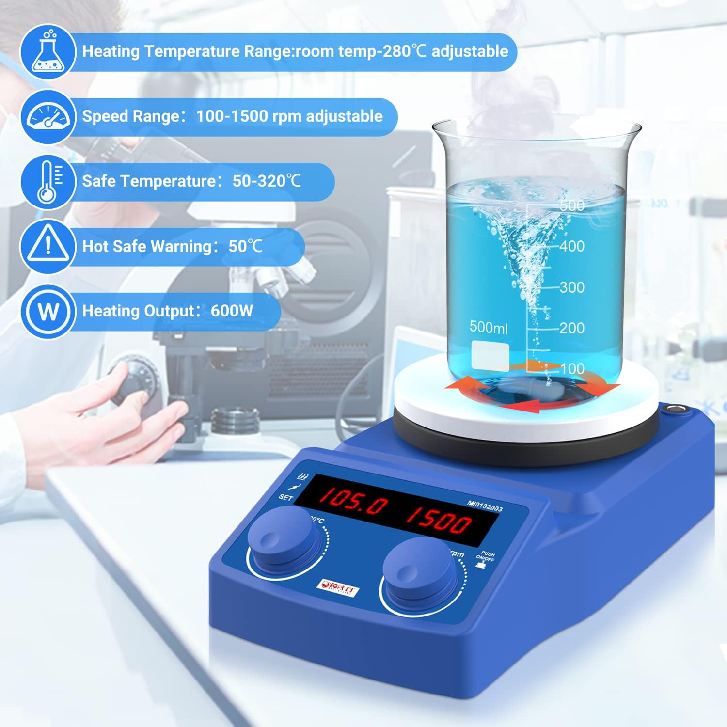 FOUR E'S SCIENTIFIC Agitatore magnetico con piastra riscaldante da 5 l, con display a LED, 100-1500 giri/min, 280 °C/536 F, con sensore PT1000 Temp (supporto non incluso)