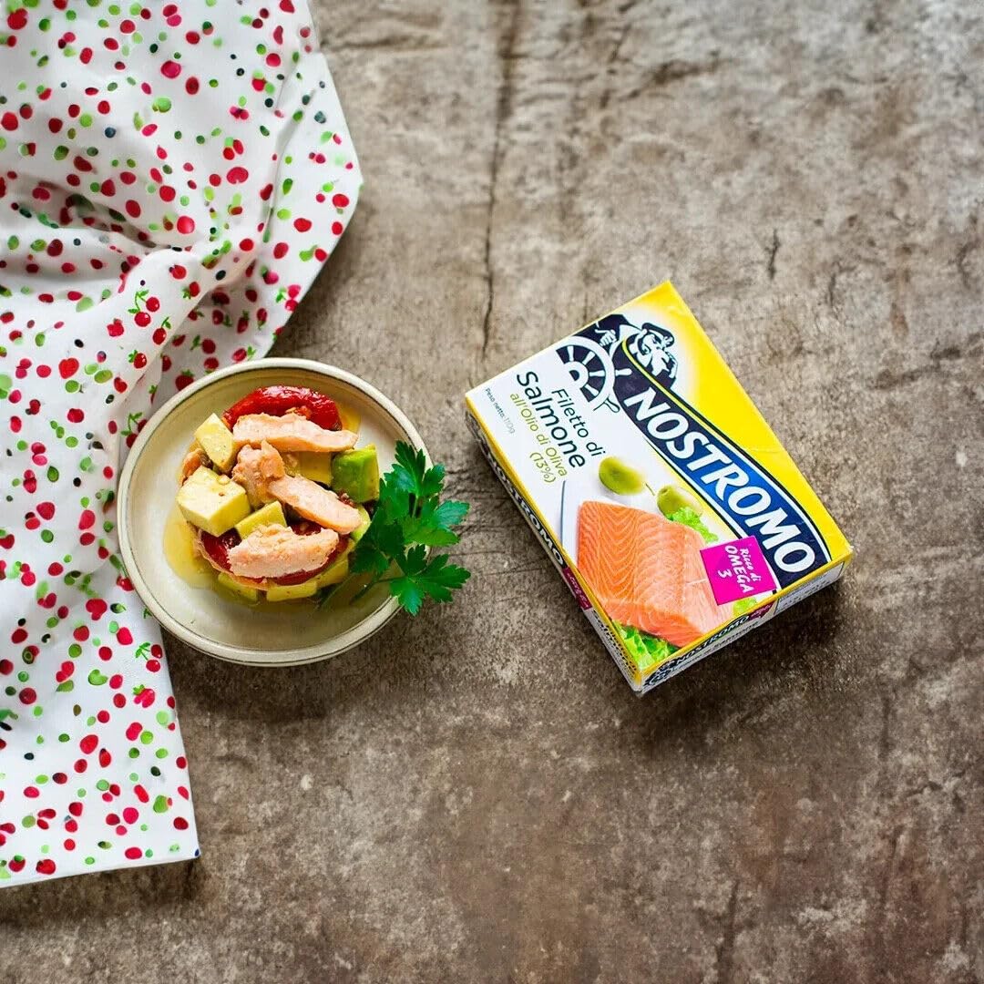 5x Nostromo Filetto di Salmone Olio di Oliva,Pesce in Scatola,Lattina da 110g + 1 Confezione di Talco Felce Azzurra in omaggio, Busta da 100g