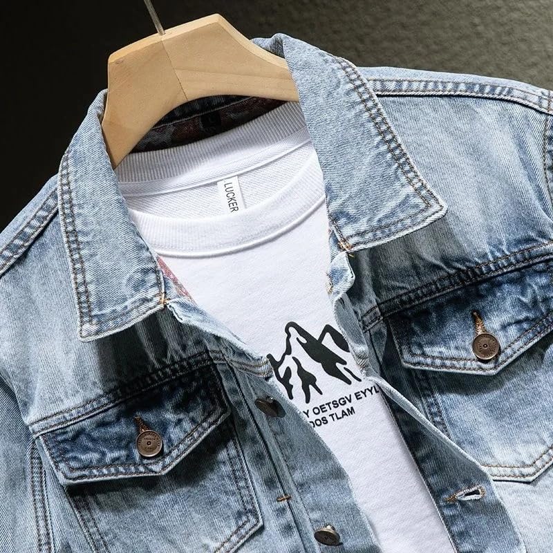 Autumn Spring Solid Color Retro Sports Motorcycle Denim Jacket Men's Loose Outerwear4