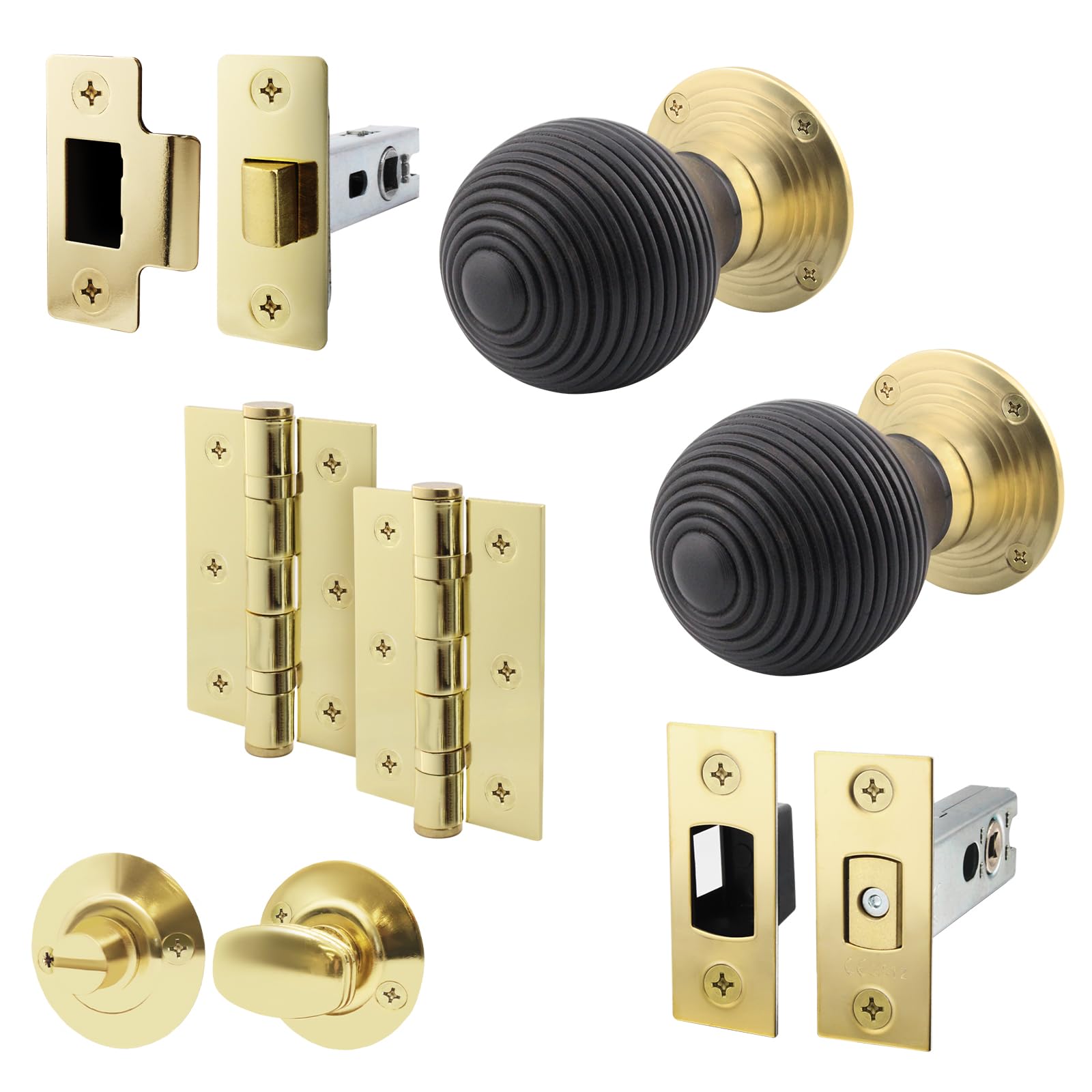 EAI Ebony Wood Door Knobs with Latch and Deadbolt 76mm, Hinges, 1 Pack