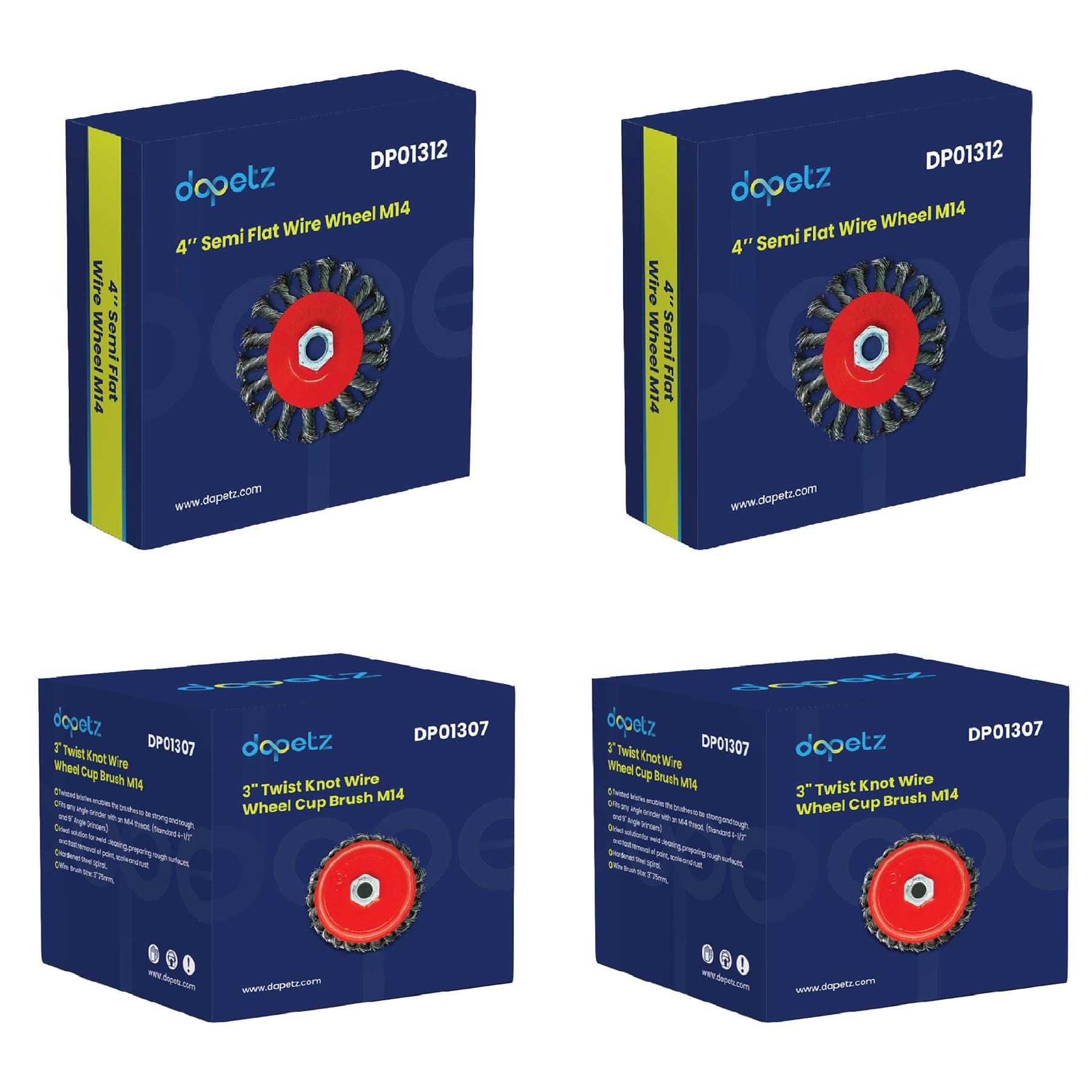 Dapetz ® Zestaw szczotek drucianych z węzłem skręconym, szlifierka kątowa, zestaw szczotek do kół do usuwania farby i rdzy, czyszczenia spawów, pasuje do każdej szlifierki kątowej 115 mm z gwintem M14, kubek 75 mm i płaski 100 mm
