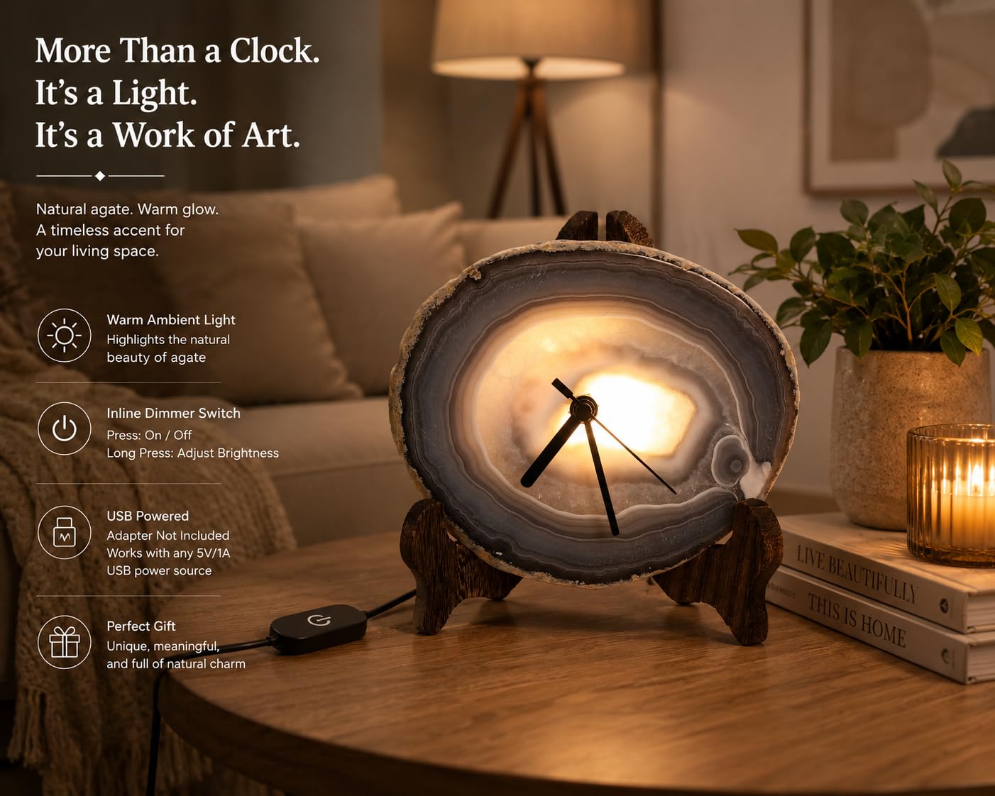 Orologio da scrivania con fette di agata naturale con retroilluminazione a LED, orologio da tavolo unico al quarzo in cristallo grezzo, arte geode unica nel suo genere, decorazione per casa e