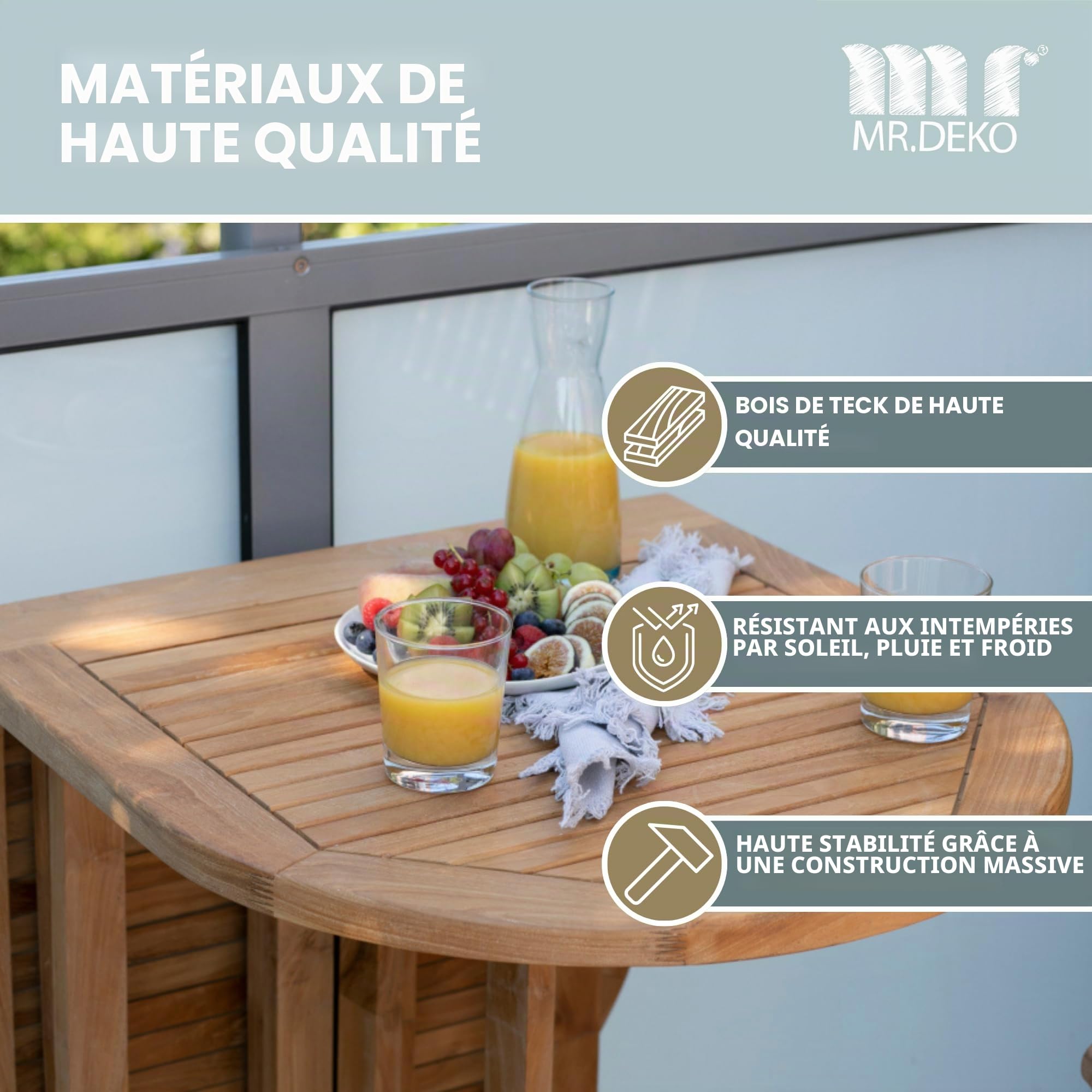 MR. DEKO Table Balcony Teck Massif 120x60x75 cm | Table de Jardin Pliable Individuellement | Meuble Gain de Place pour Petit Balcon Terrasse | Bois Robuste Résistant Rectangulaire