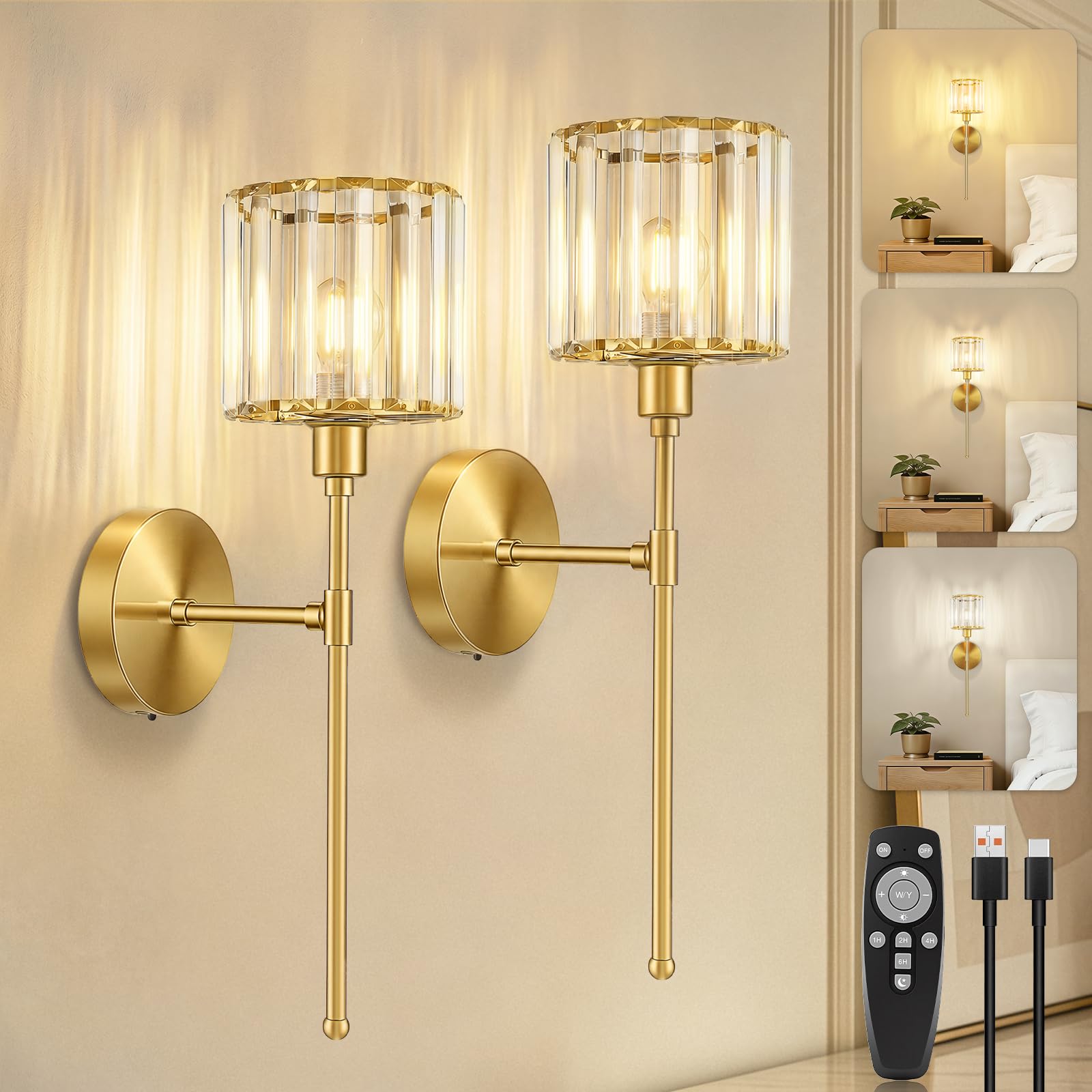 Kimjo Rechargeable Wall Lights Indoor, Crystal Battery Operated Wall Lights Set of 2, USB-C Wireless Wall Lamps & Sconces for Living Room Bedroom Hallway Staircase, Gold