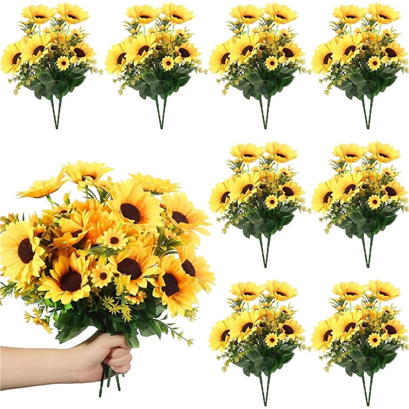 Künstliche Blumen, 10 Stück, 13 Köpfe, Sonnenblumen, künstlicher Blumenstrauß, 30 cm, Sträucher, künstliche Blumen für Garten, Zuhause, Zimmer, Hochzeit, Café, Geschäft, Party-Dekoration
