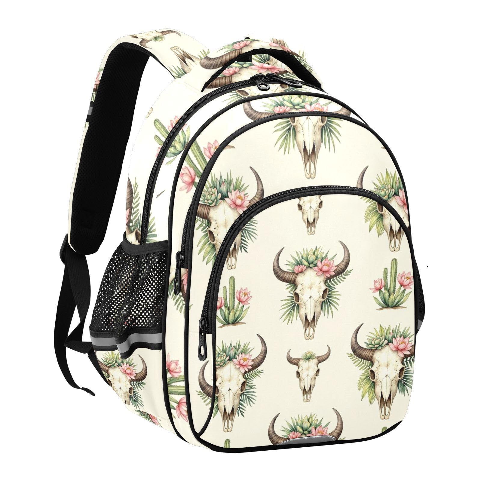 KLL Plecak outdoorowy dla nastolatek torba do szkoły dzieci plecaki podróżne boho byk czaszka kaktus wzór