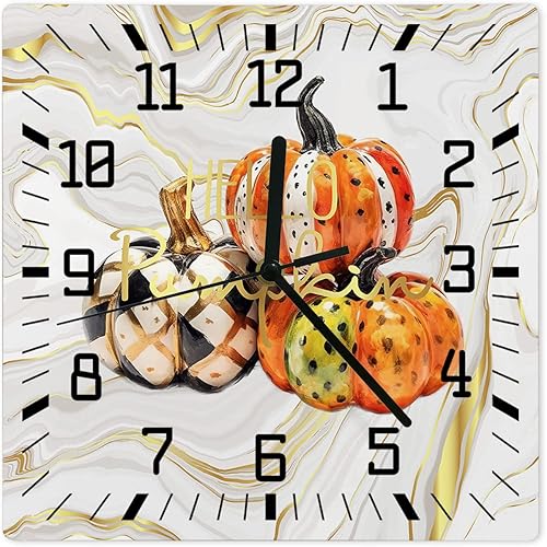 Thanksgiving Wooden Wall Clock Silent Non Ticking, Polka Dot Plaid Paint Pumpkin White Marble Square Wall Clock Battery Operated, Decor Clock for