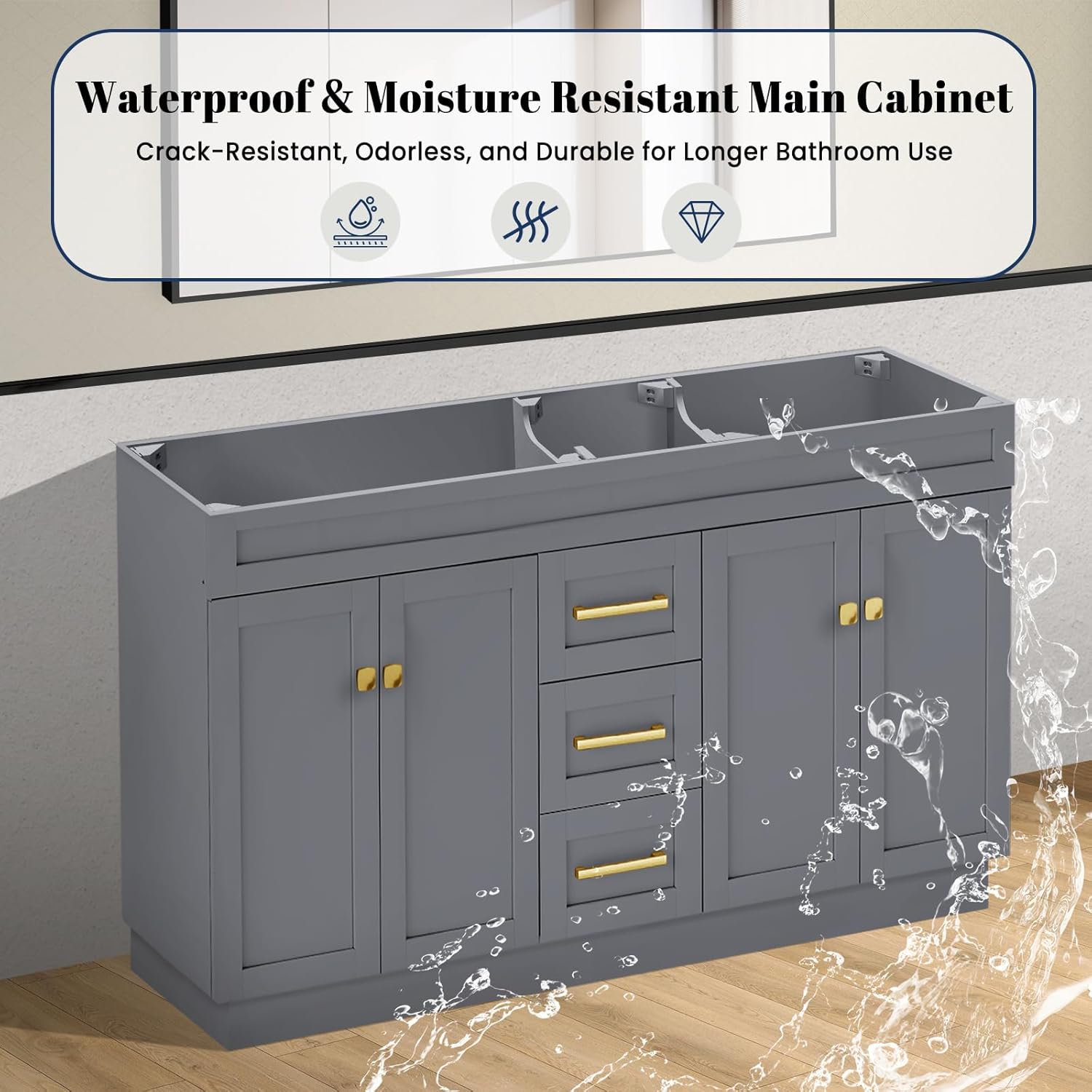 60" Bathroom Vanity Without Sink, Storage Design Freestanding Sink Cabinet, Quick Assemble Solid Wood Cabinet, with Metal Handles, 4 Soft Closing Doors | 3 Full Extention Drawers, Grey
