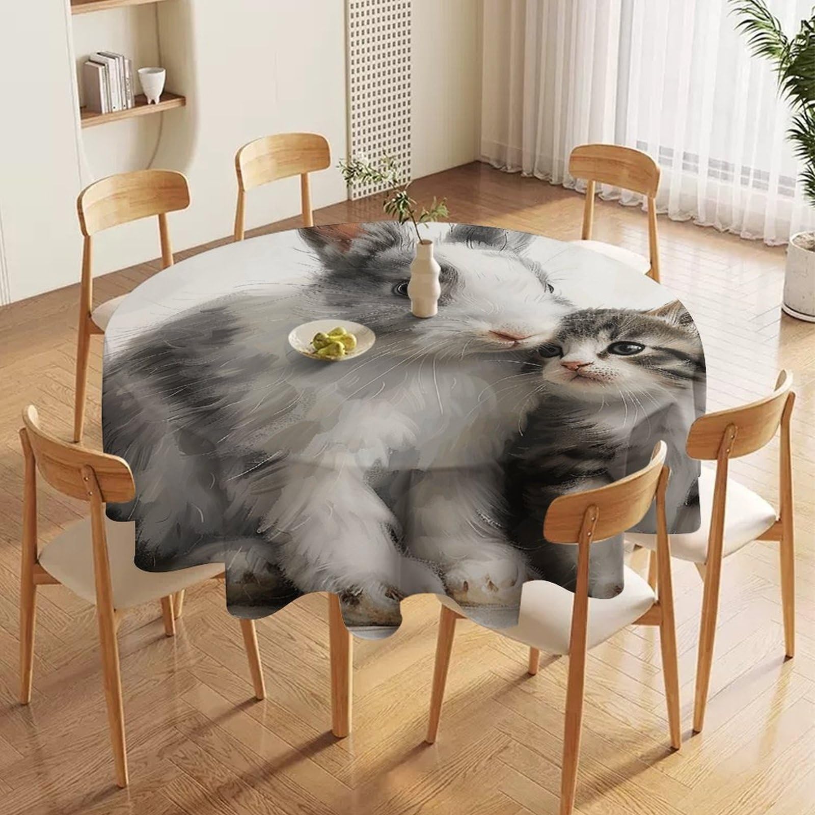 Nappe ronde lavable en tissu imperméable motif lapin chat pour décoration d'intérieur