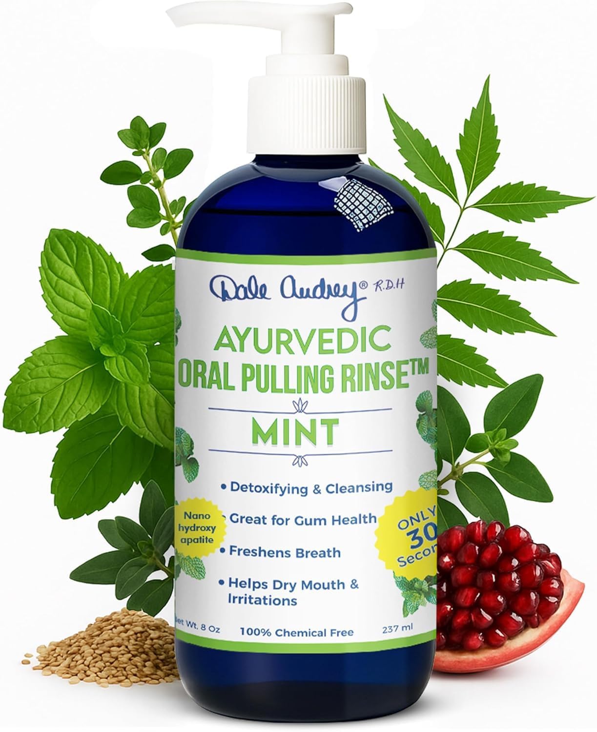 Dale Audrey Nano Hydroxyapatite Mouthwash Oil Pulling for Teeth and Gums, Mint Flavored Organic Oral Rinse, Essential Oils for Teeth Whitening and Fresh Breath Mouthwash 8 oz Glass Bottle