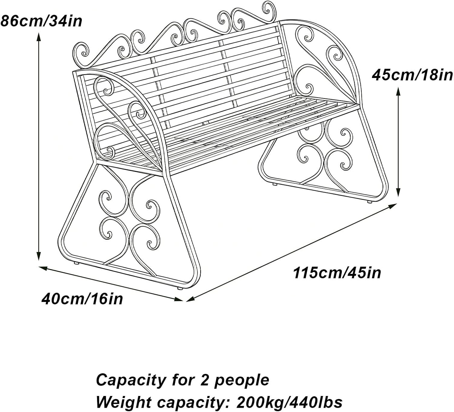 Outdoor Garden Bench with Curved Armrests, 440lbs Load Capacity Waterproof Iron Seating, Ideal for Courtyard Park and Porch(Pink)