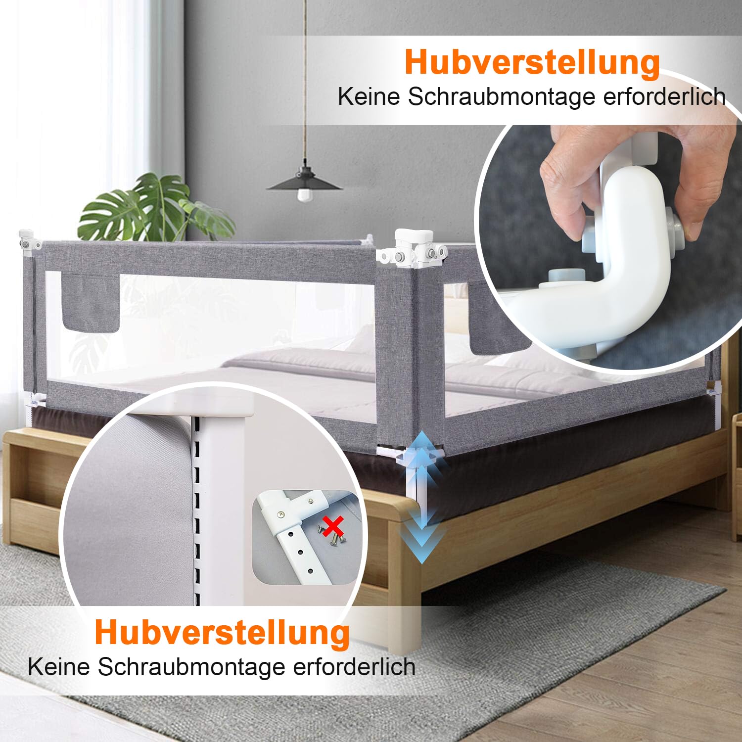 Barrera de cama gris 2 m, nuevo patrón, protección contra caídas, rejilla de protección para cunas, protección contra caídas, para cunas, protección contra caídas, instrucciones de montaje en