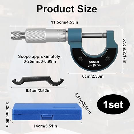 GEU Outside Micrometer 0-25mm, 0.01mm High Precision Metric Caliper | 0.01mm Graduation Thickness Gauge Tool with Carbide Tipped Anvil, Satin Chrome Finish & Calibration Wrench for Mechanics DIY