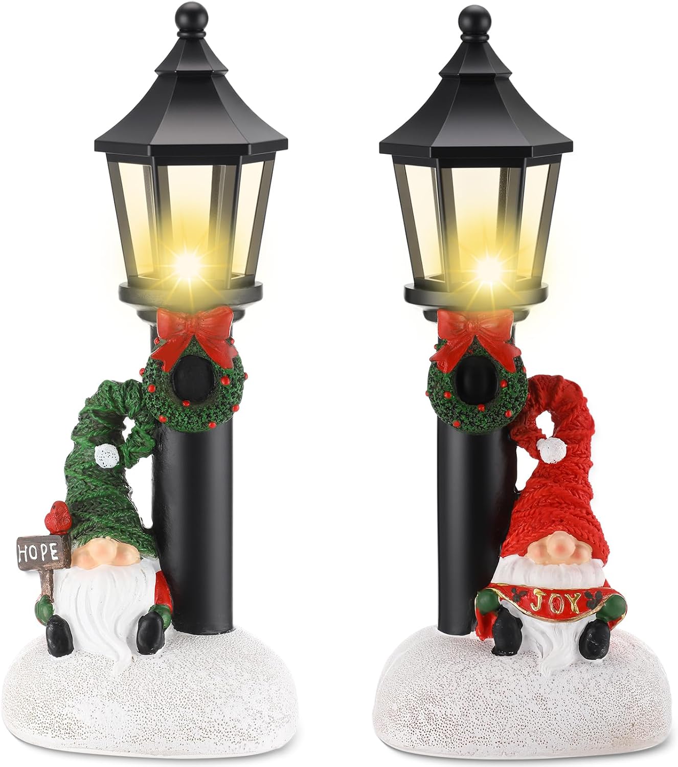 GlikCeil 2 Pcs Christmas Gnome Decorations 10" Resin Christmas Lighted Gnomes Figurines Table Decor Xmas Battery Operated Mini Street Statue for Home Fireplace Shelf