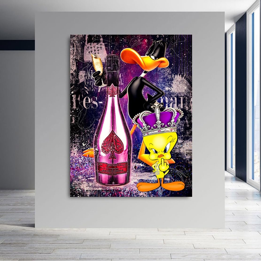 Kunstgestalten24 | Tweety & Duffy Champagner Comic Pop Art Leinwand-Bild | Leinwandbild mit Echtholz-Keilrahmen | Wandbild Gemälde Kunst Art | Hochwertige Kunstdrucke | XXL Bilder auf Leinwand