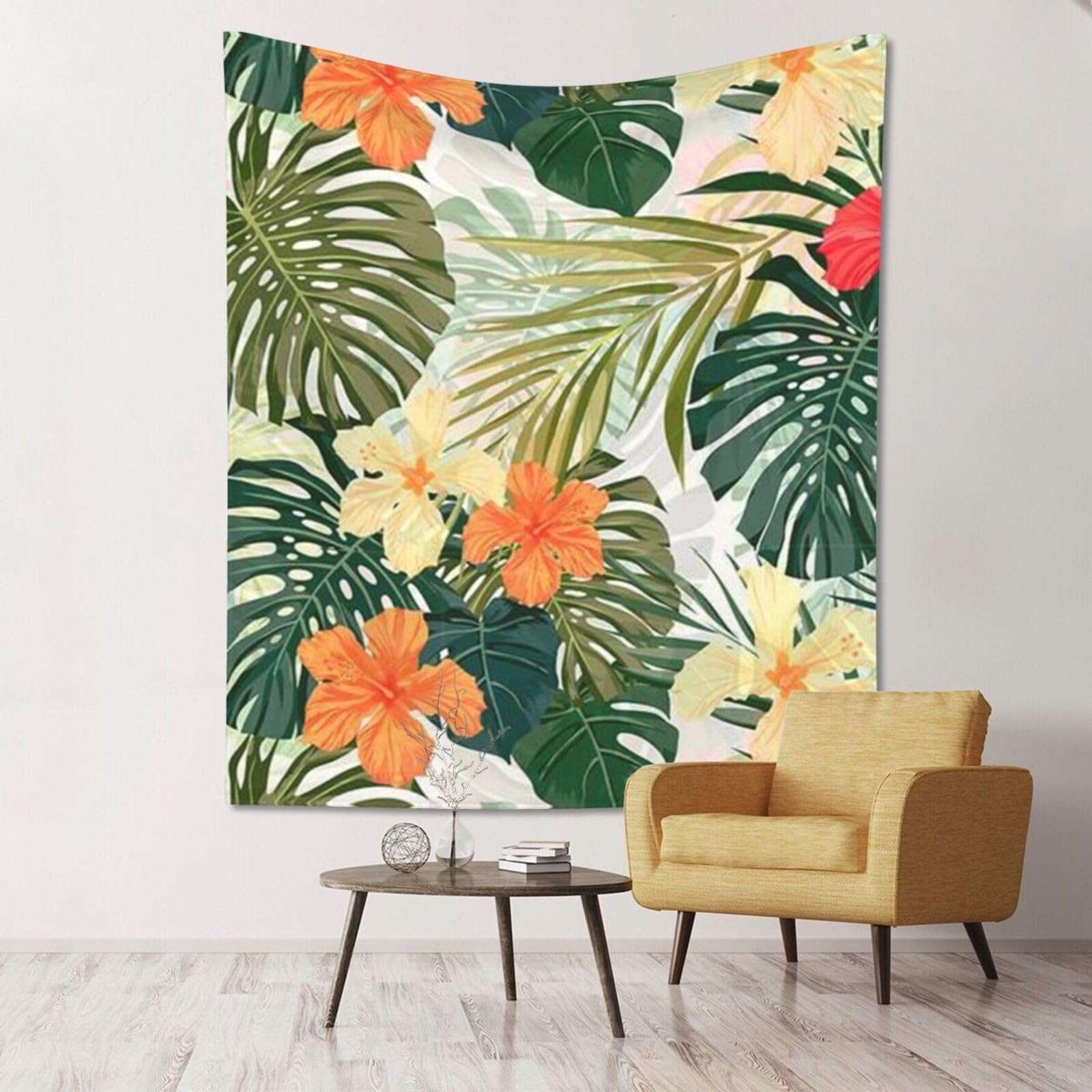 WKSGDSG Large Wall Hanging, Machine Washable Tapestry For Dorm Room, Leaves Hibiscus Flowers, Lightweight Polyester Wall Art For Bedroom Living Room, 152x130cm