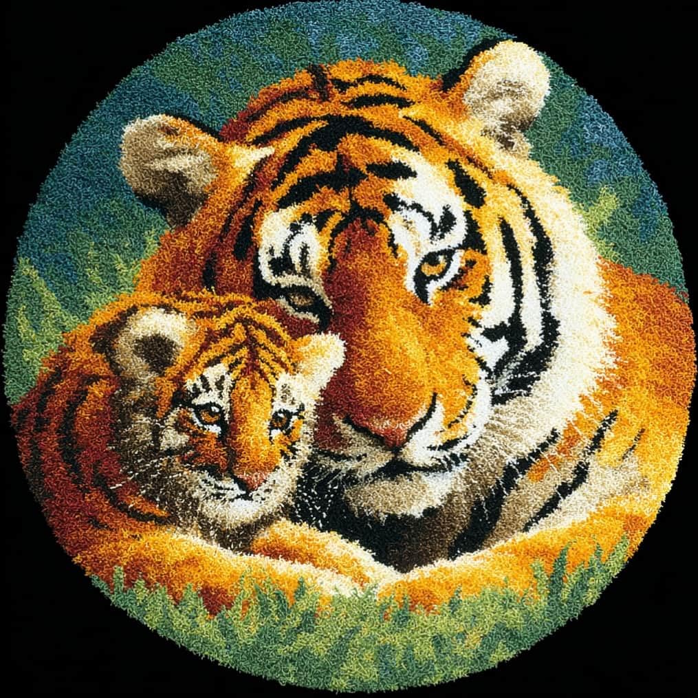 kitphoenix Round Shape Latch Hook Kits Rug Tiger DIY Cushion Rug Carpet Making Crochet Hook Kits Preprinted Pattern Canvas Cushion Yarn Hooking Kits Mat Kits 50X50Cm