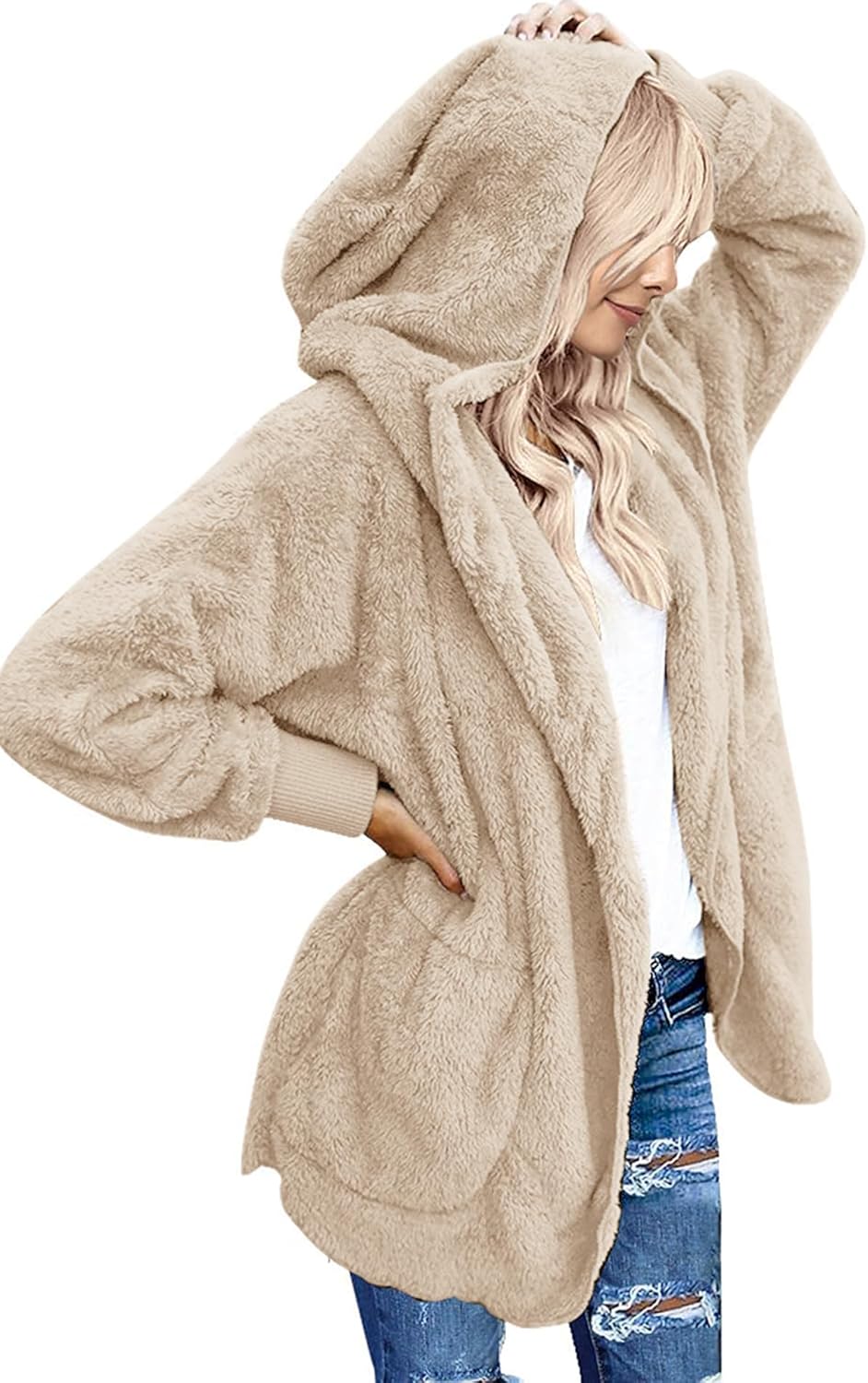 Yanekop Womens Oversized Sherpa Jacket Long Cardigan Sweaters Fuzzy Fleece Jacket Faux Fur Plus Size Coats with Pockets