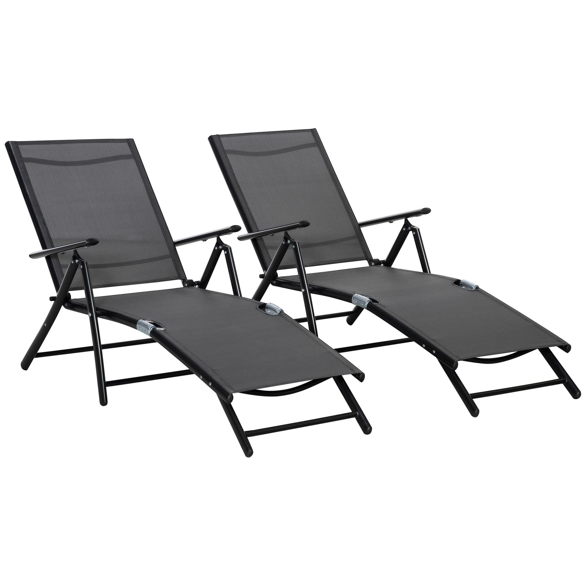 Outsunny Set 2 Sedie Sdraio da Giardino Pieghevoli in 7 Posizioni Nere | Schienale Regolabile, Lettino Prendisole, Sdraio da Spiaggia, Alluminio, Rete Traspirante