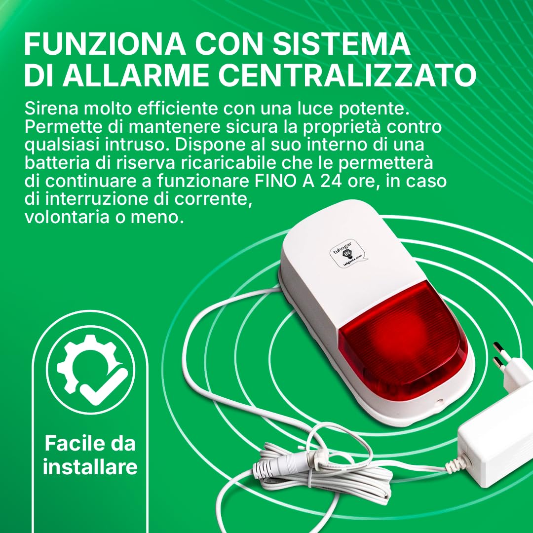 Sirena antifurto da esterno con suono a 95 dB | Include adattatore 12v e batteria di backup | Valido per l'uso come sistema di allarme autonomo