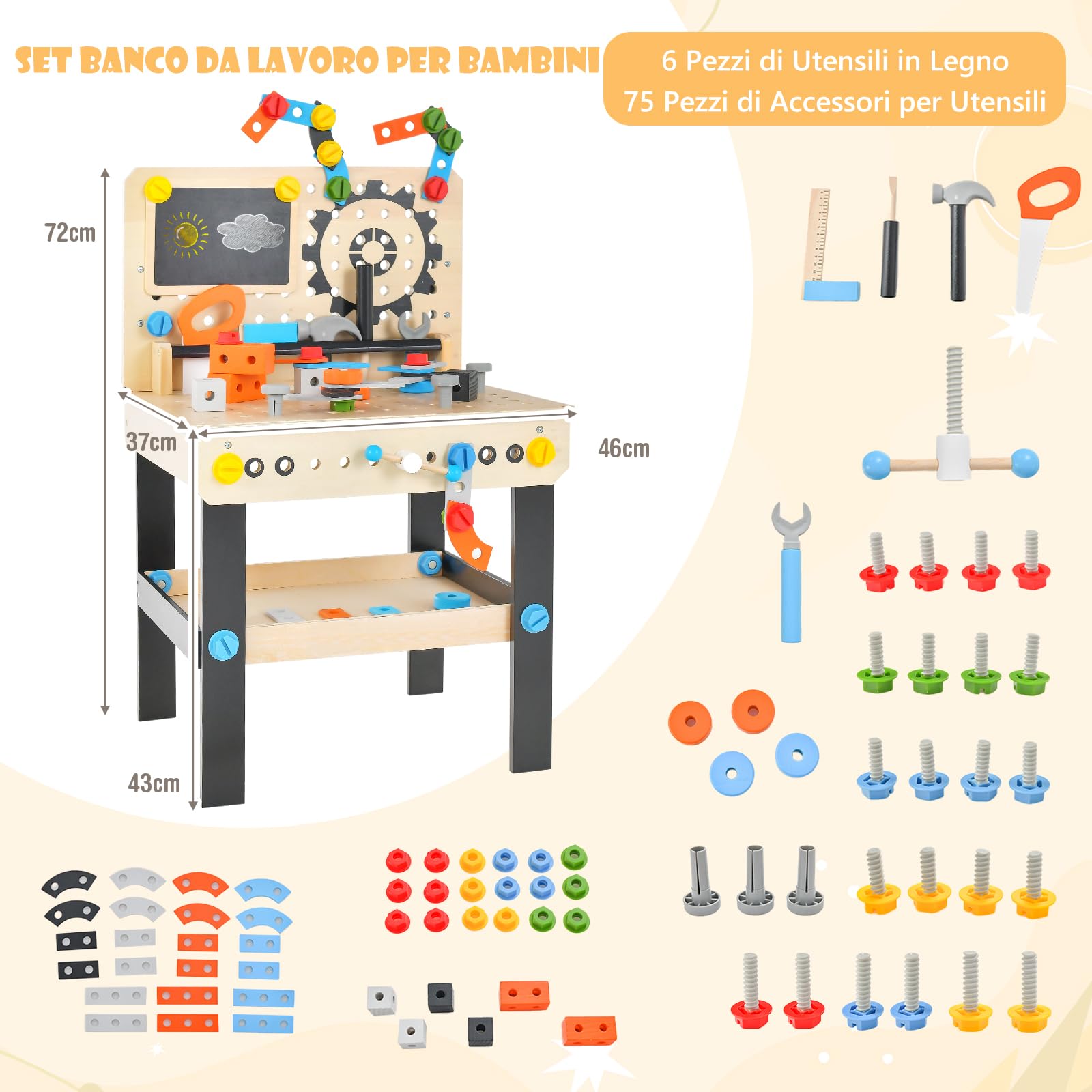 GYMAX Giocattolo da Banco da Lavoro per Bambini con 6 Attrezzi e 75 Accessori, Banco degli Attrezzi con Lavagna e Portautensili Appeso, Giocattolo per Fai da Te, Bambini 3 Anni+