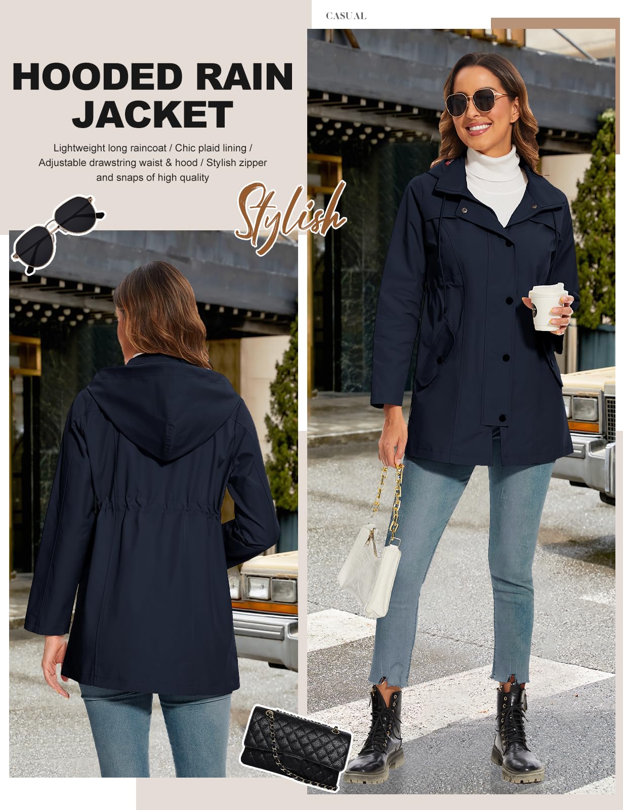 Giacca Impermeabile Donna Giacca Trench Pioggia con Cappuccio Parka Lungo Giacca a Vento Traspirante Leggero Antipioggia Antivento All'aperto