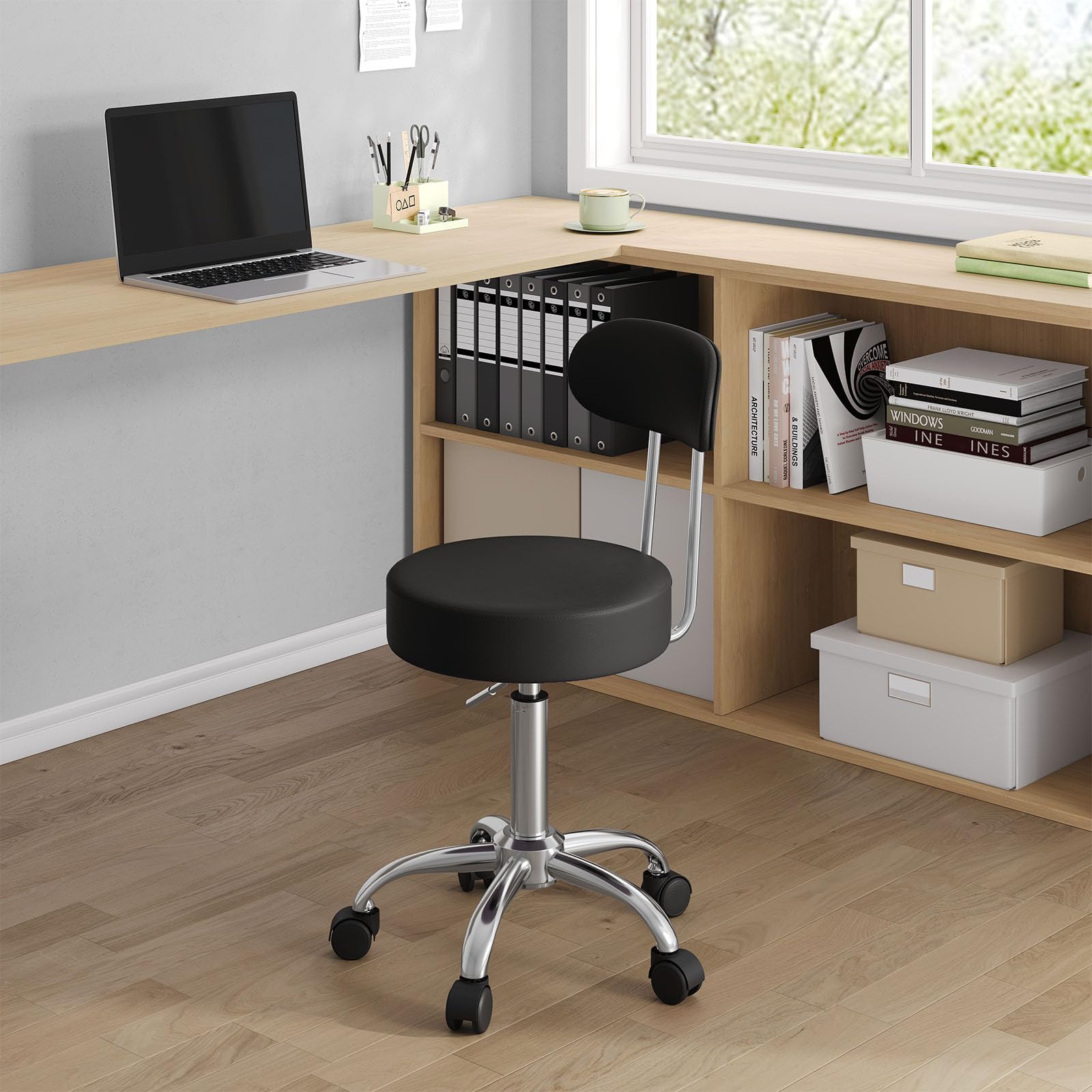 WOLTU Tabouret de Bureau Tabouret à roulettes avec Dossier,Chaise pivotante Chaise de Bureau Hauteur réglable,Noir