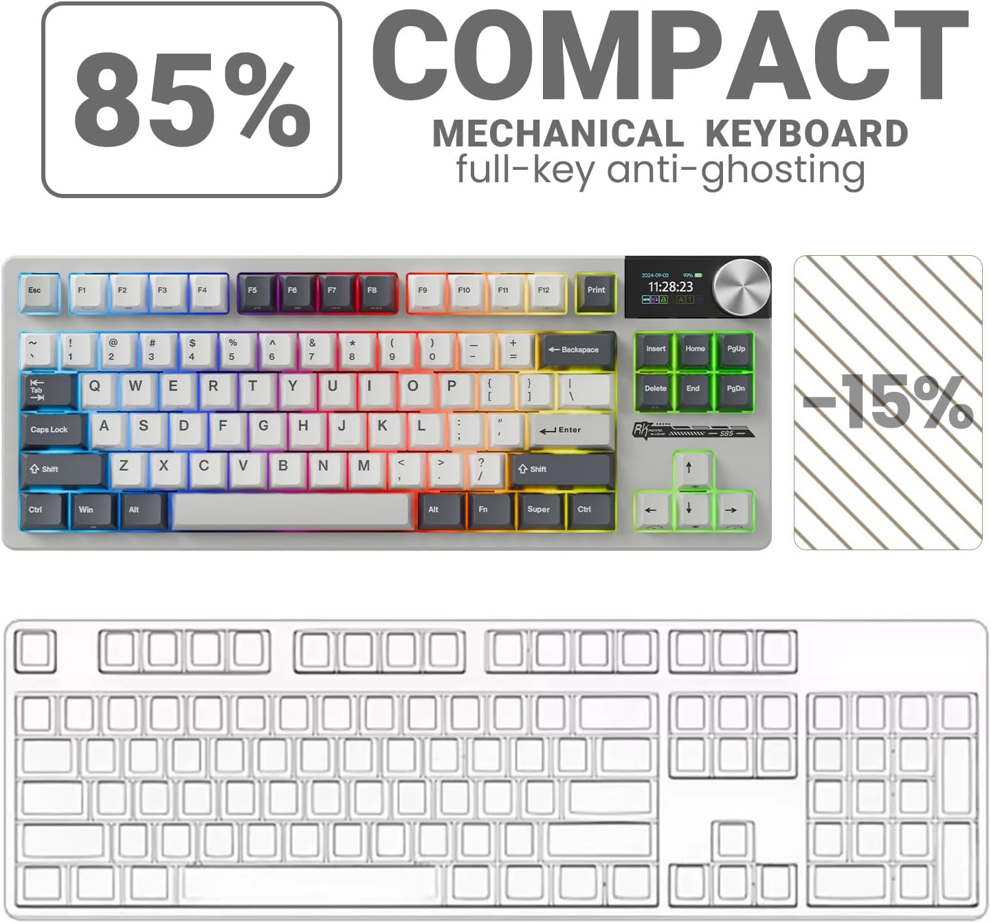 RK ROYAL KLUDGE S85 Wireless Mechanical Keyboard, TKL Keyboard with Display & Ratchet Knob, Triple-Mode Bluetooth/2.4GHz/USB-C, Custom Linear Silent Switches, 7200mAh Battery, Hot Swappable, 85 Keys - Image 6
