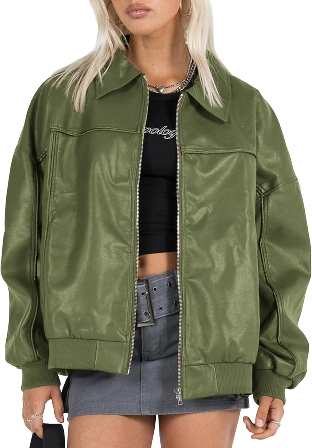 EsheSy Women's Oversized Leather Jacket Faux Suede Boyfriend Motorcycle Full Zip Bomber Jacket