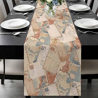 Vintage Envelope Table Runner 72 Inches Long, Abstract Art Travel Maps K...