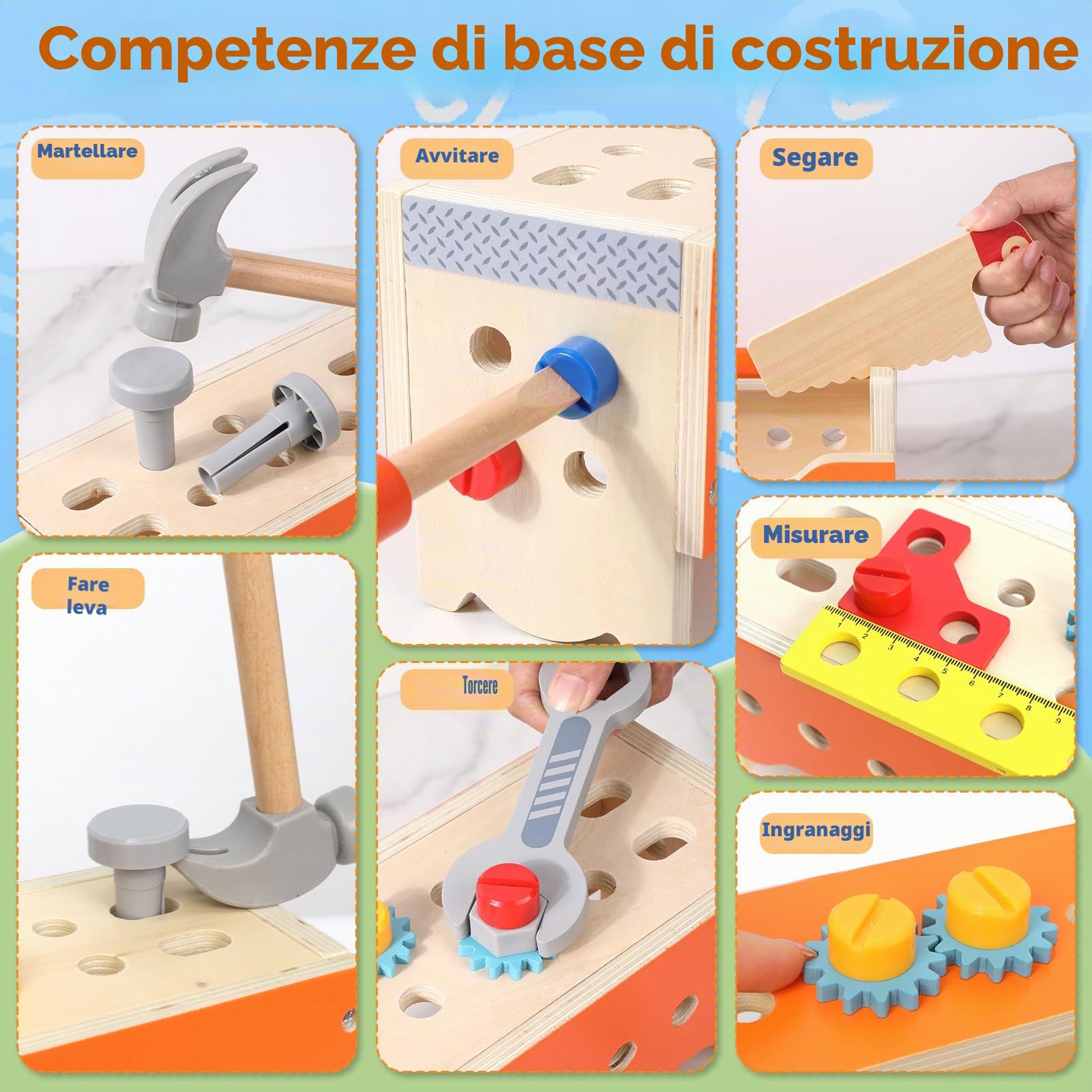Cassetta Attrezzi in Legno Giochi per Bambini 3 4 5 6 Anni, Gioco Montessori Banco da Lavoro Kit di Valigetta Attrezzi 124 Pezzi, Giocattoli Educativi Regalo per Bambino Bambina