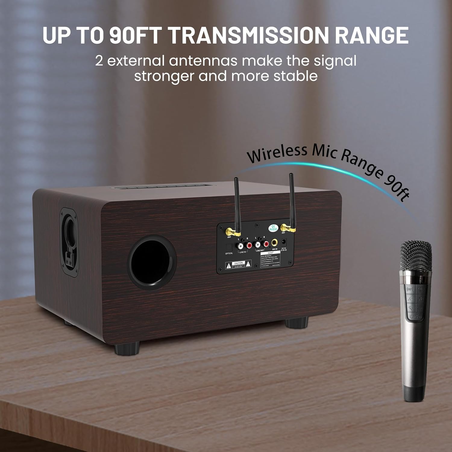 RHM K222 Karaoke Machine, Connect to TV/Sound Bar/DVD, Support 3 Mics, 90FT Range for Wireless Mic Working, Bass & Treble Adjustable, Support Optical/Bluetooth/Line in/Line Out, for Home Party - Image 4