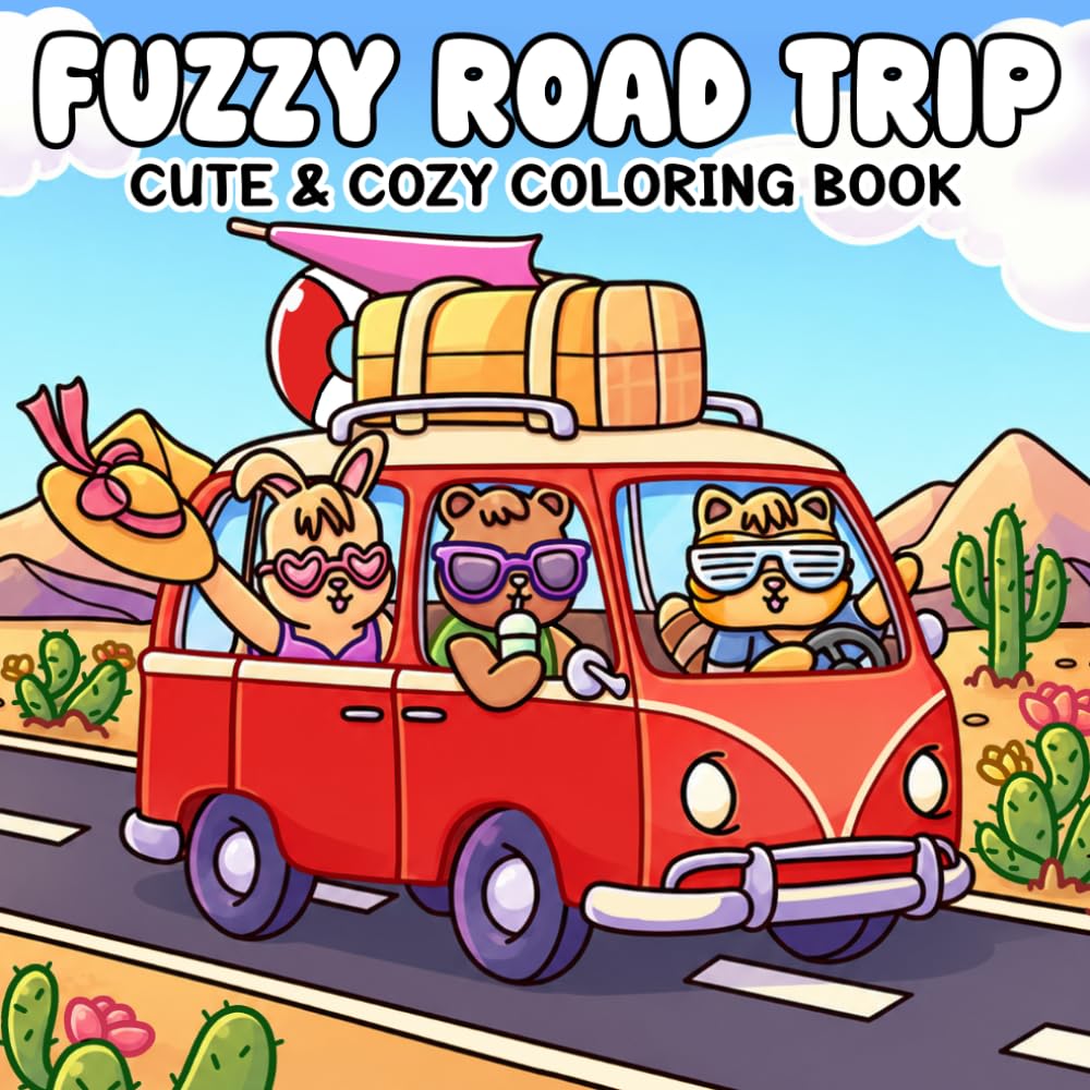 Fuzzy Road Trip Coloring Book: Cute Travel Adventure Coloring Pages Featuring Fuzzy Friends, Vintage Vans, Roadside Fun for Teens & Adults to Enjoy & Relax