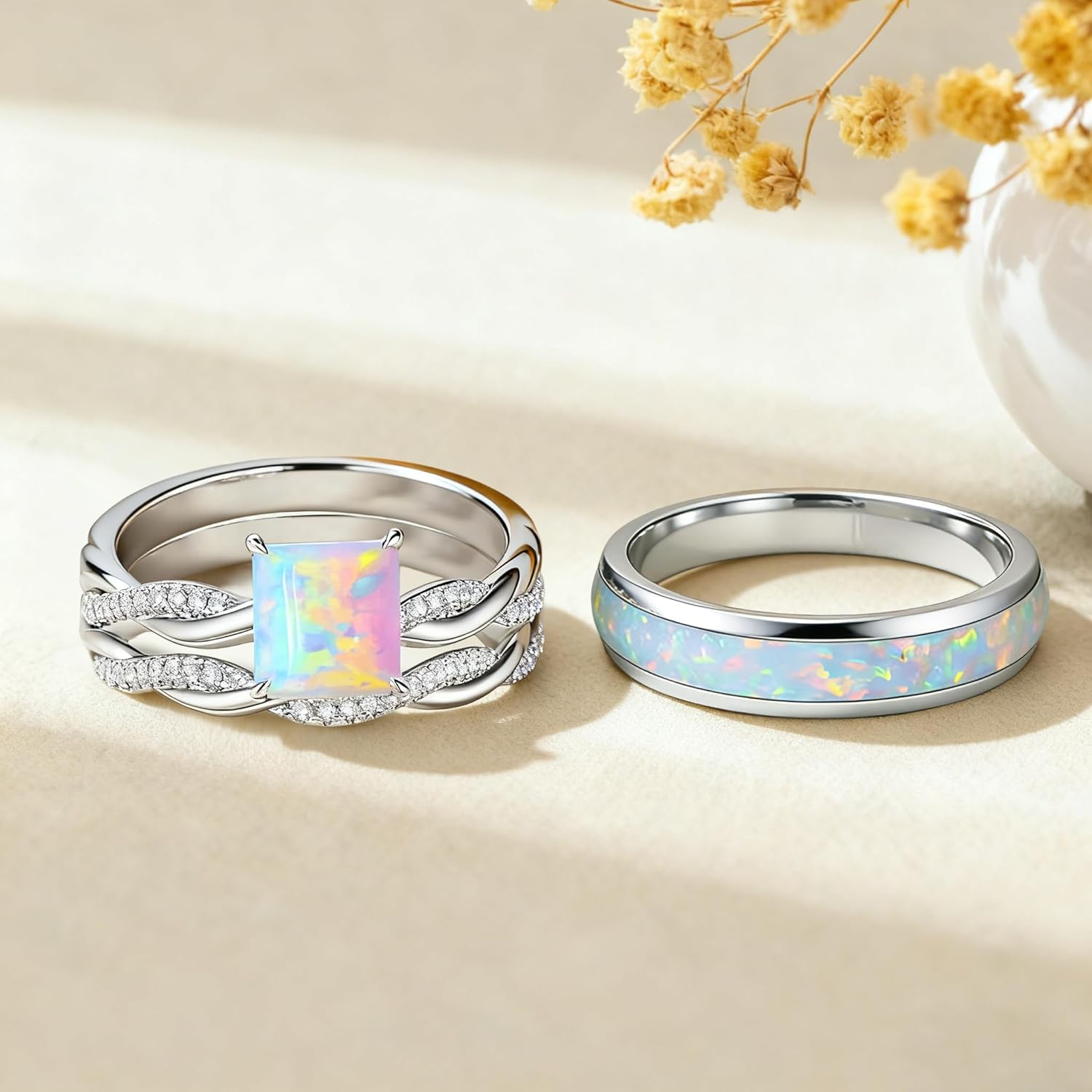 925 Sterling 1CT Silver Round/Princess/Oval/Pear/Marquise/Emerald Cut Opal Heart Shaped Twisted Couple Engagement Rings for Him and Her, Wedding Ring Set for Romantic Anniversary/Valentine’s Day Gift ,For Women wife Girlfriend