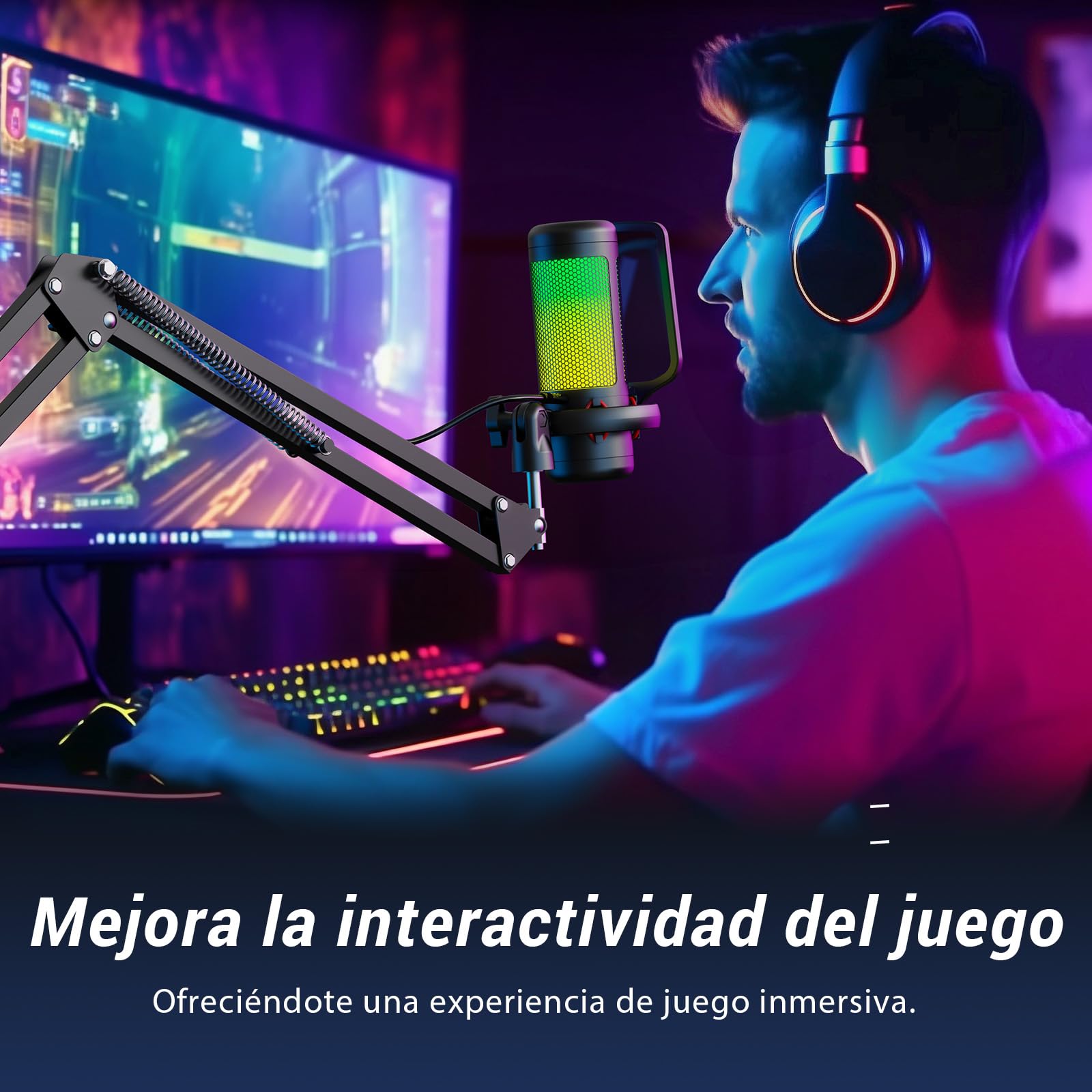 TONOR Microfono Gaming USB para PC PS4/5, Micrófono Condensador Cardioide con Brazo para Podcast, Streaming, Studio, Ordenador, Mic RGB con Ajustable Modos y Brillo, Silencio Rápido, TC310+