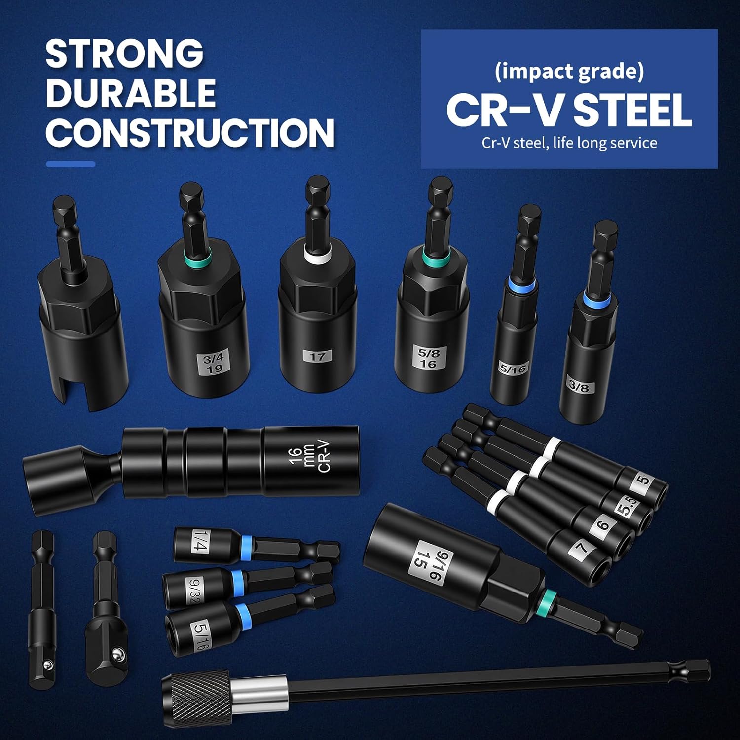 38PCS Impact Ready Magnetic Nut Driver Set,CR-V Steel SAE&Metric Nut Drivers with Spark Plug Sockets,Socket Adapters&Extension Bar,Heavy Duty Nut Driver Set for Drill,Impact Drive or Automotive Repair