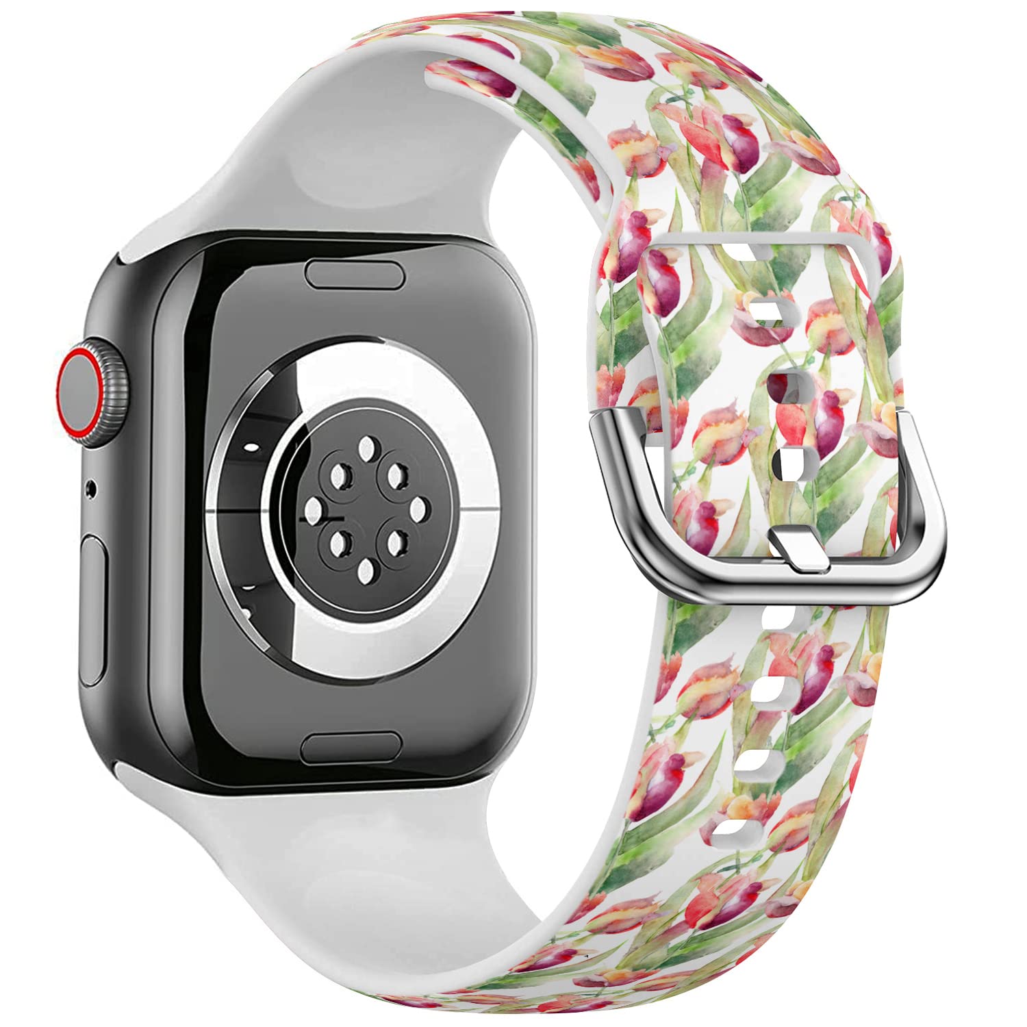 IKIKI-TECHCompatible with Apple Watch Band 38mm 40mm 41mm (Tulips Flowers Pattern) Replacement Silicone Soft Sports Bracelet for iWatch Series 8 7 6 5 4 3 2 1 Ultra SE