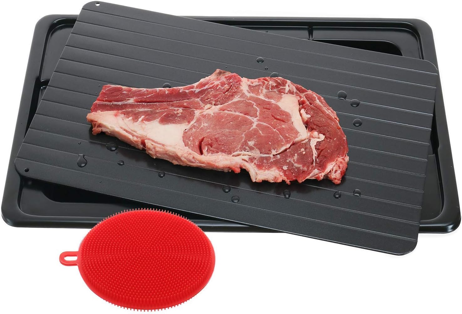 JVSISM Defrosting Tray Frozen Food Thawing Plate For Fast Quick Rapid Meat Defrosting, Chicken, The Safest No Electricity, No Microwave - With Drip Tray & Silicone Sponge Largest Size
