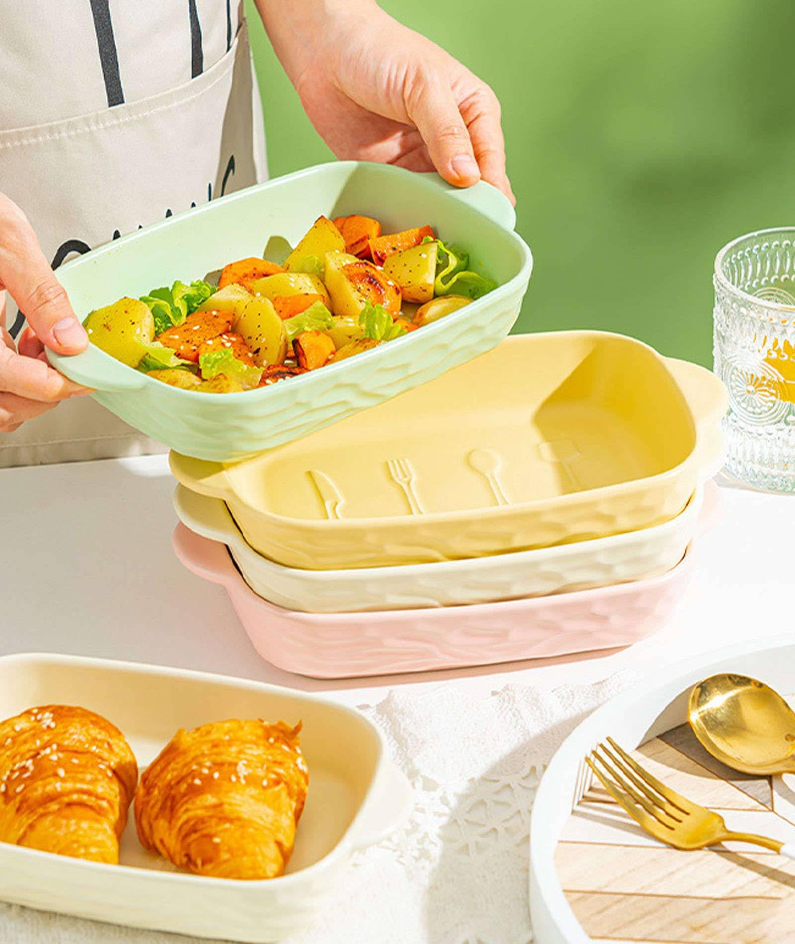 Fuente de cerámica para hornear, sartén grande para lasaña, plato rectangular para asar, ideal para uso en horno, apto para lavavajillas, capacidad de 700 ml