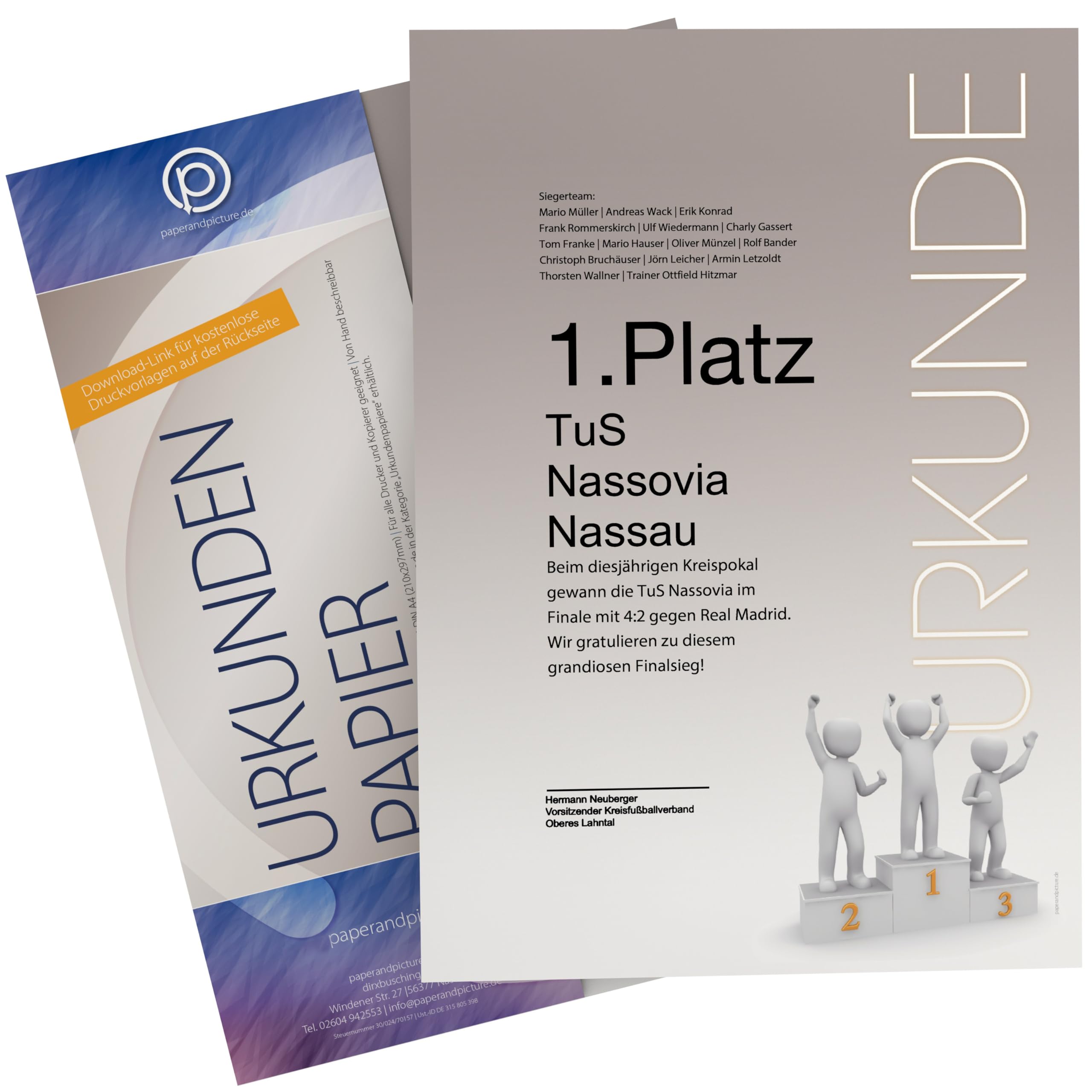 Urkundenpapier DIN A4 190g 100 Blatt „Siegerehrung“ Podium Design grau – beidseitig bedruckt – inkl. Textvorlagen zum Download