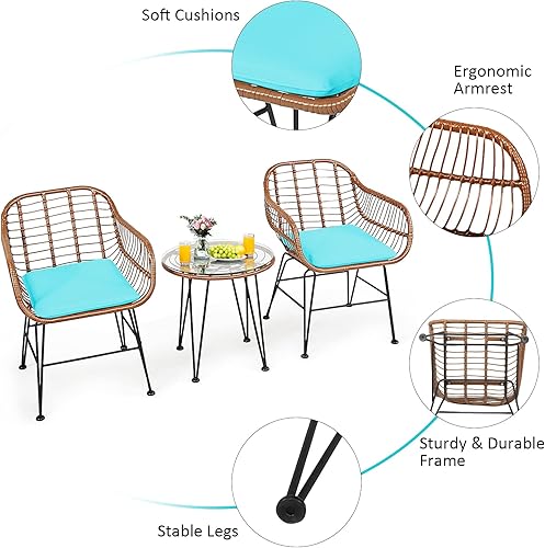 Miniatura 88 de Tangkula 3 Pieces Patio Bistro Set, Rattan Conversation Set with 2 Cushioned Armchairs & Round Glass Coffee Table, Indoor Outdoor Wicker Furniture