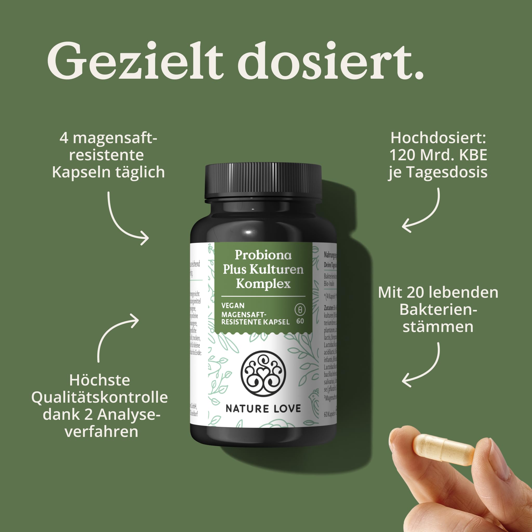 NATURE LOVE® Probiona PLUS - 120 Mrd KBE je Tagesdosis (hochdosiert) - 20 Bakterienstämme + Bio Inulin - 60 magensaftresistente Kapseln - vegan, entwickelt in Deutschland, Markenrohstoff aus Italien