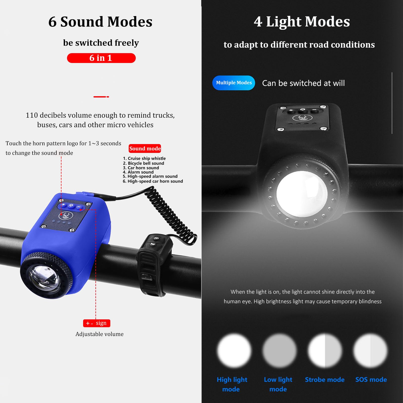 Klaxon de Vélo Électronique avec Lumière, Mini Sonnette 6 Sons, Phare Rechargeable USB-C, Volume Réglable, 4 Modes d'Éclairage, Résistant à l'Eau