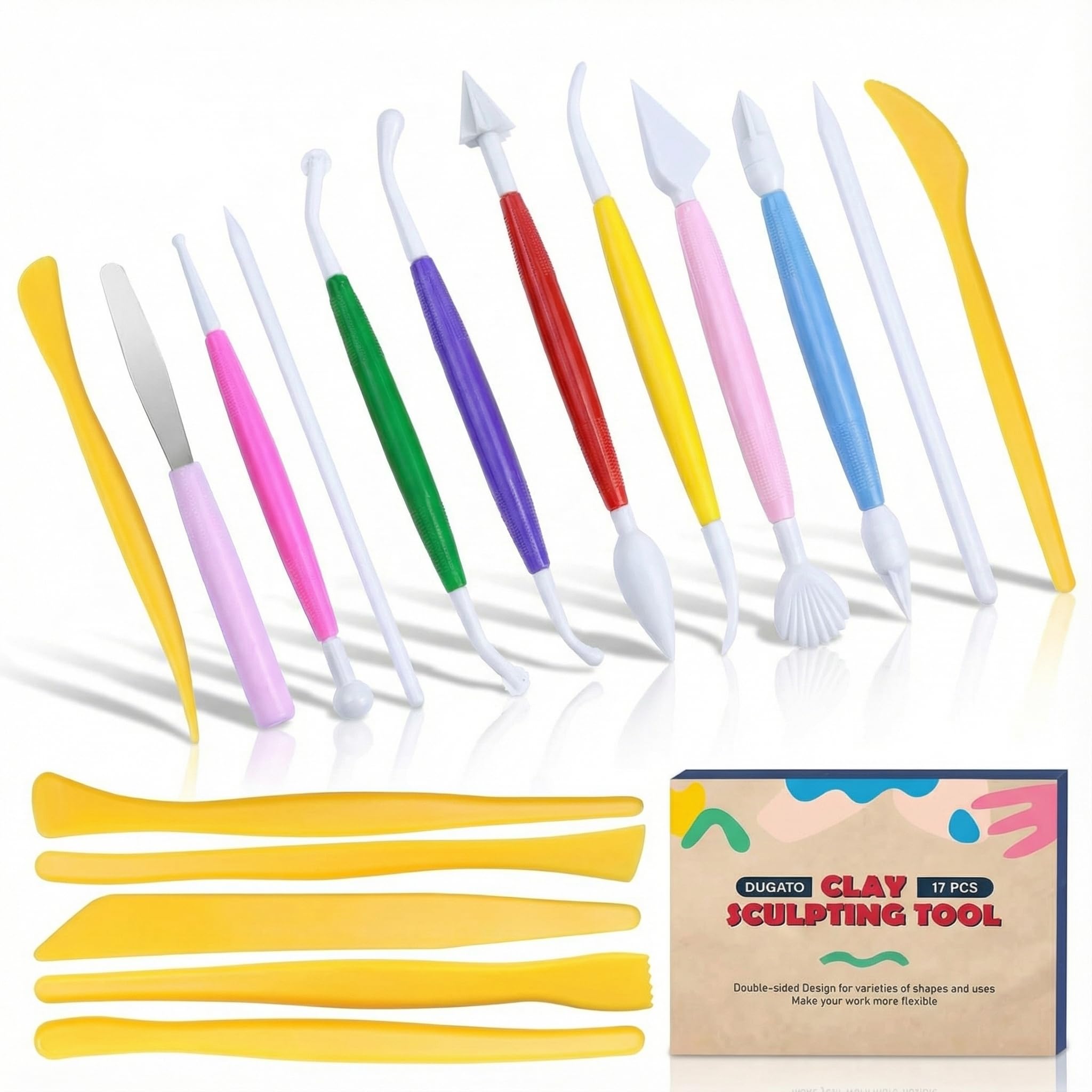 DUGATO Clay Sculpting Tools (17pc Set) - Double-Sided Plastic Modeling Kit for Polymer Clay, Pottery, Fondant & Cake Decorating - Art & Craft Supplies for Beginners & Artists