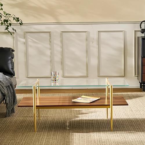 Miniatura 4 de Mesa de centro de vidrio Saint Mossi Tadio, mesa de centro de doble capa de vidrio transparente para sala de estar, vidrio transparente y estante