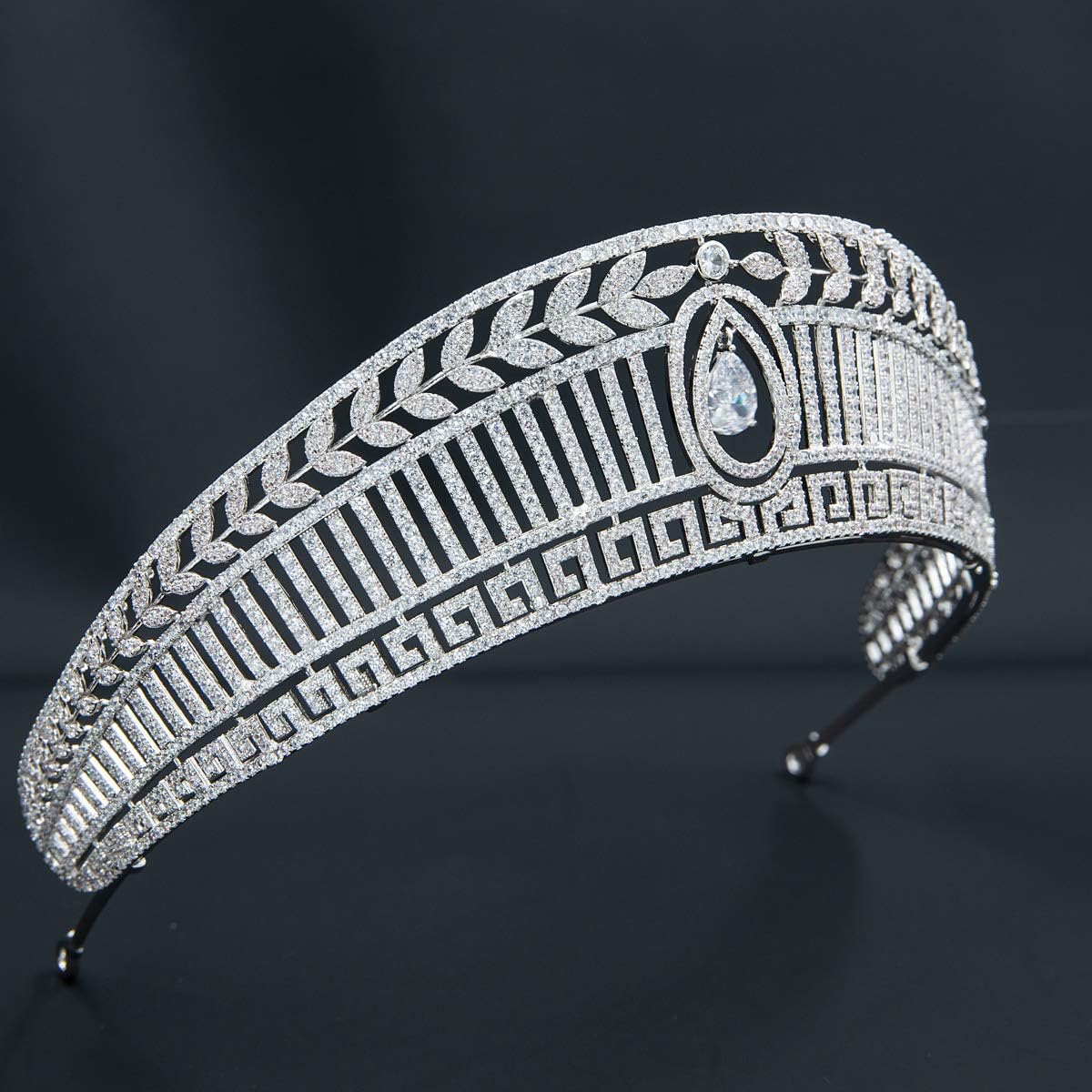 Prussian or Hellenic Tiara, Platinum Plated Cubic Zirconia Replica Princess Tiara for Wedding, Silver Crystal Royal Hair Accessory