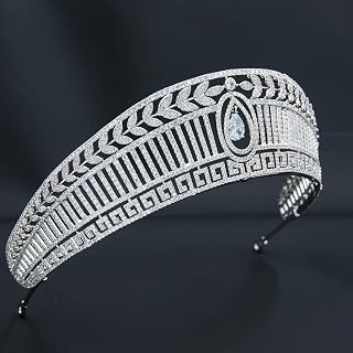 Prussian or Hellenic Tiara, Platinum Plated Cubic Zirconia Replica Princess Tiara for Wedding, Silver Crystal Royal Hair Accessory