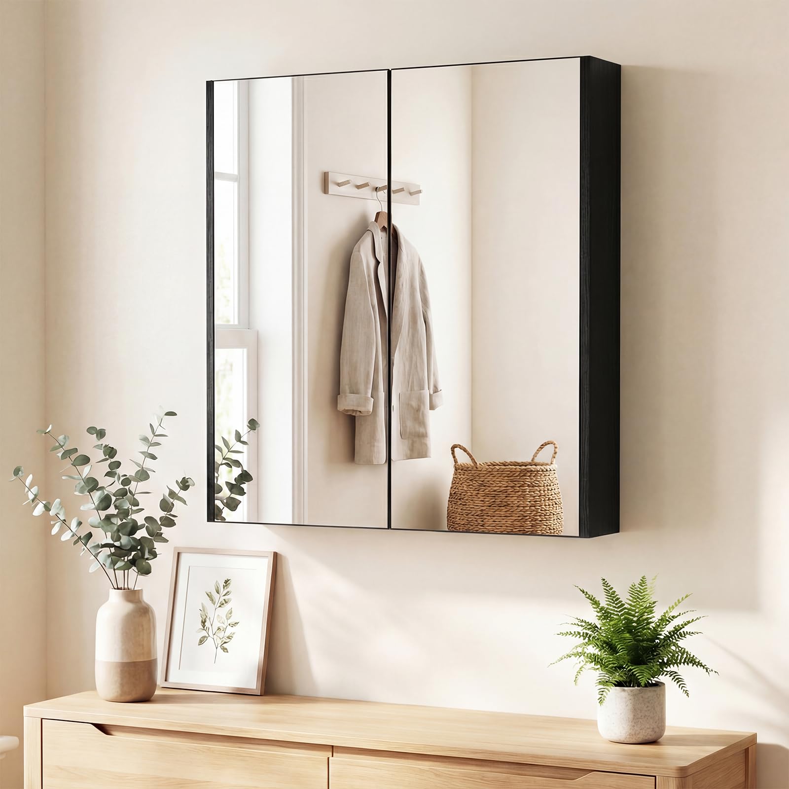 COSTWAY Armoire Murale Salle de Bain avec Miroir, 62 x 65 cm, Meuble Salle de Bain, Placard à 2 Niveaux, Installation en Saillie ou Encastrée, Gain de Place (Noir)