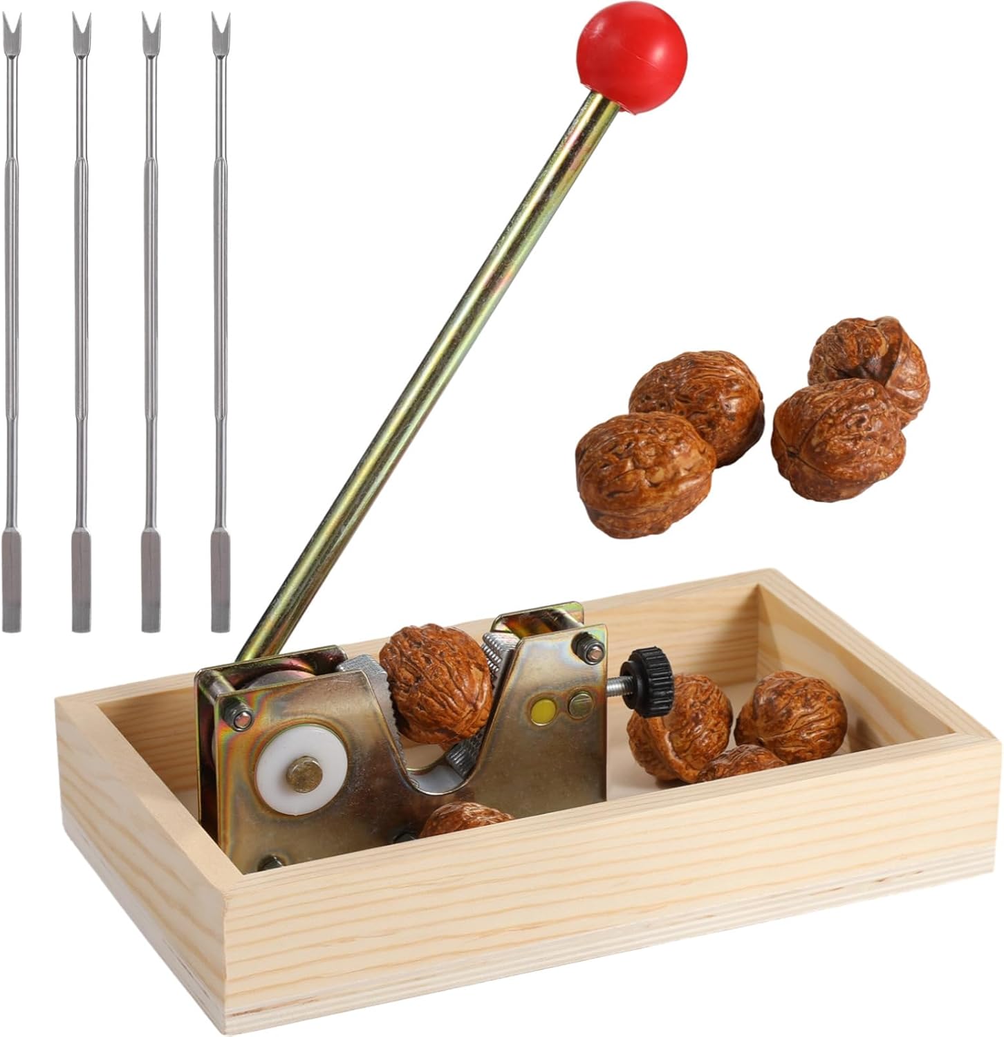 Heavy Duty Nut Cracker with Wooden Stand, Adjustable Lever, Red Ball Handle, Includes 4 Picks