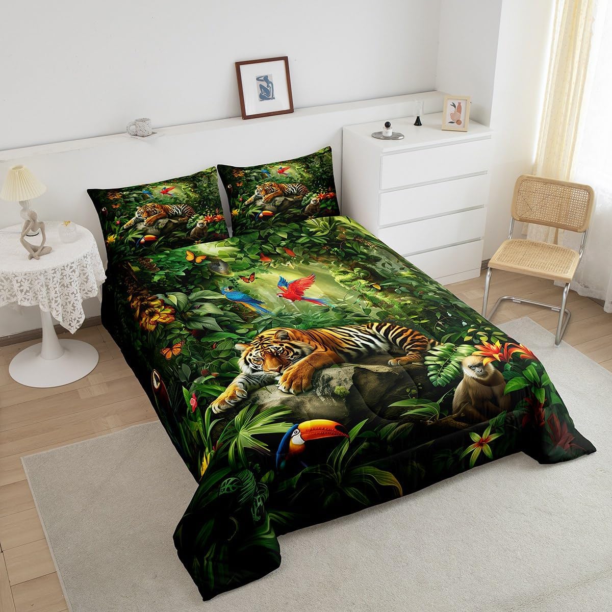 3D Tiger Comforter Set Queen Size,Monkey Parrot Wild Animals Bedding Set,Tropical Palm Tree Jungle Quilt Set for Kids Boys Girls Adult Bedroom Decor,Nature Wildlife Theme Duvet Insert,2 Pillowcases - Image 3